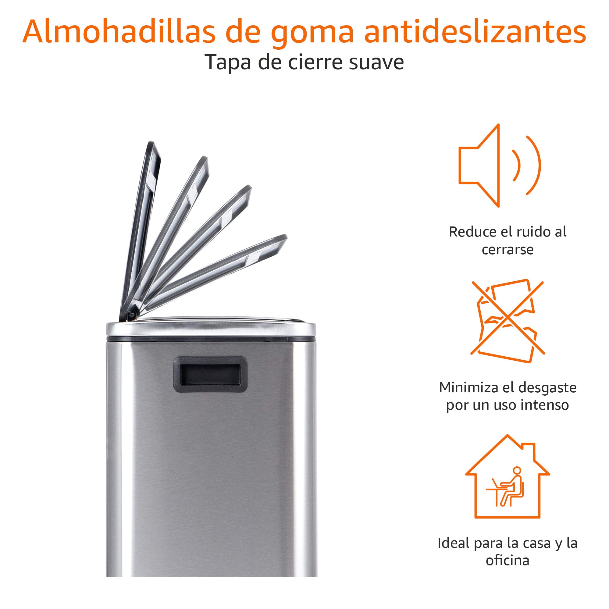 Amazon Basics Bote de basura de 2 x 15 L (30L) con dos compartimentos y pedal de tubo de acero, cierre suave con tapa, para cocina, baño u oficina, rectangular, satinado, Plateado