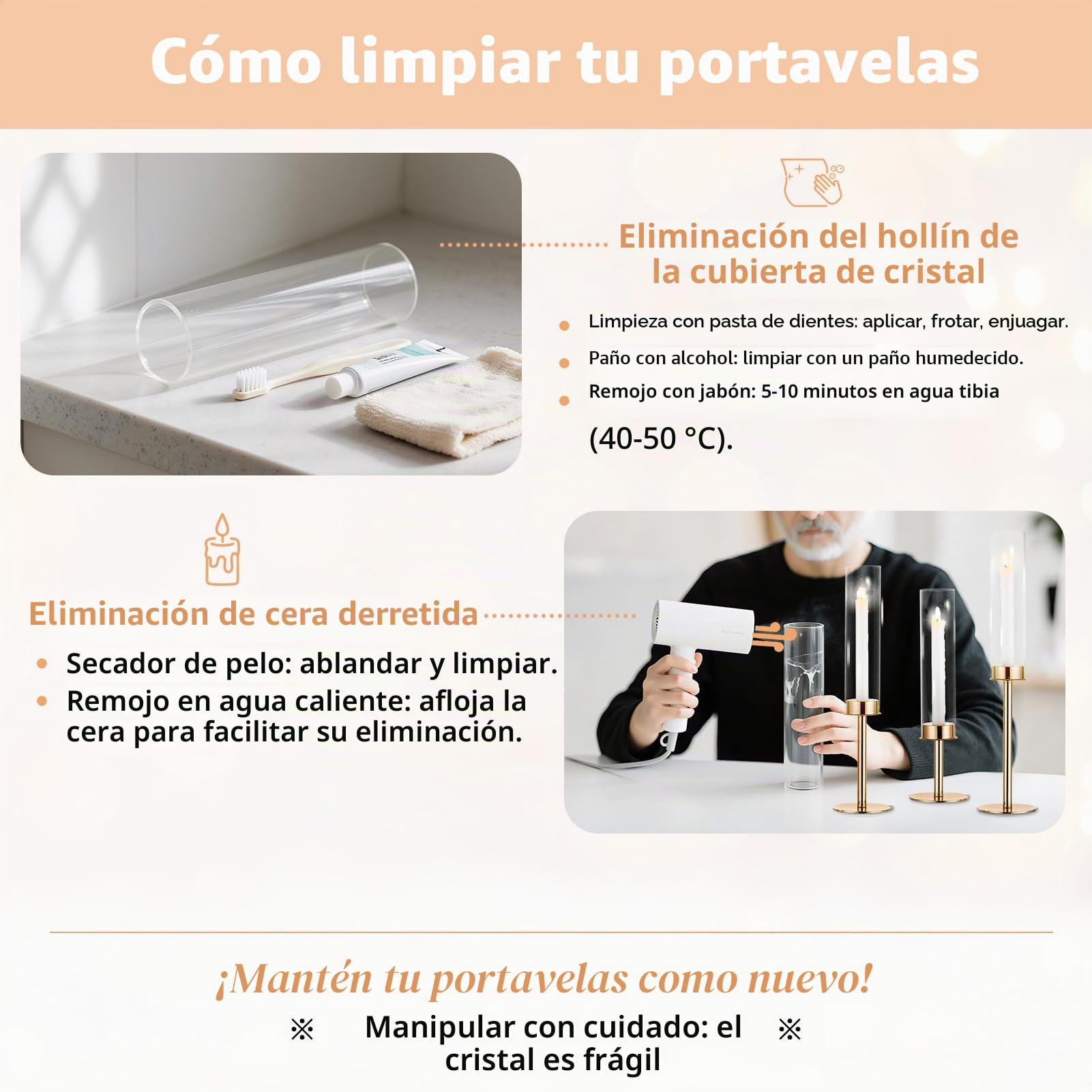 Nuptio Portavelas de Cristal: 6 Piezas de Metal Candelabro de Oro Candelabros, Vela Taper Palo Alto Cilindro Sin Fondo Portavelas de Boda Fiesta de Mesa Centro De Mesa Decoración de Comedor