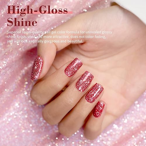 Miniatura 2 de RARJSM Esmalte de uñas de gel con purpurina reflectante, color rojo, 0.3 fl oz, holográfico, arco iris, iridiscente, brillante, L, E, D, U, V