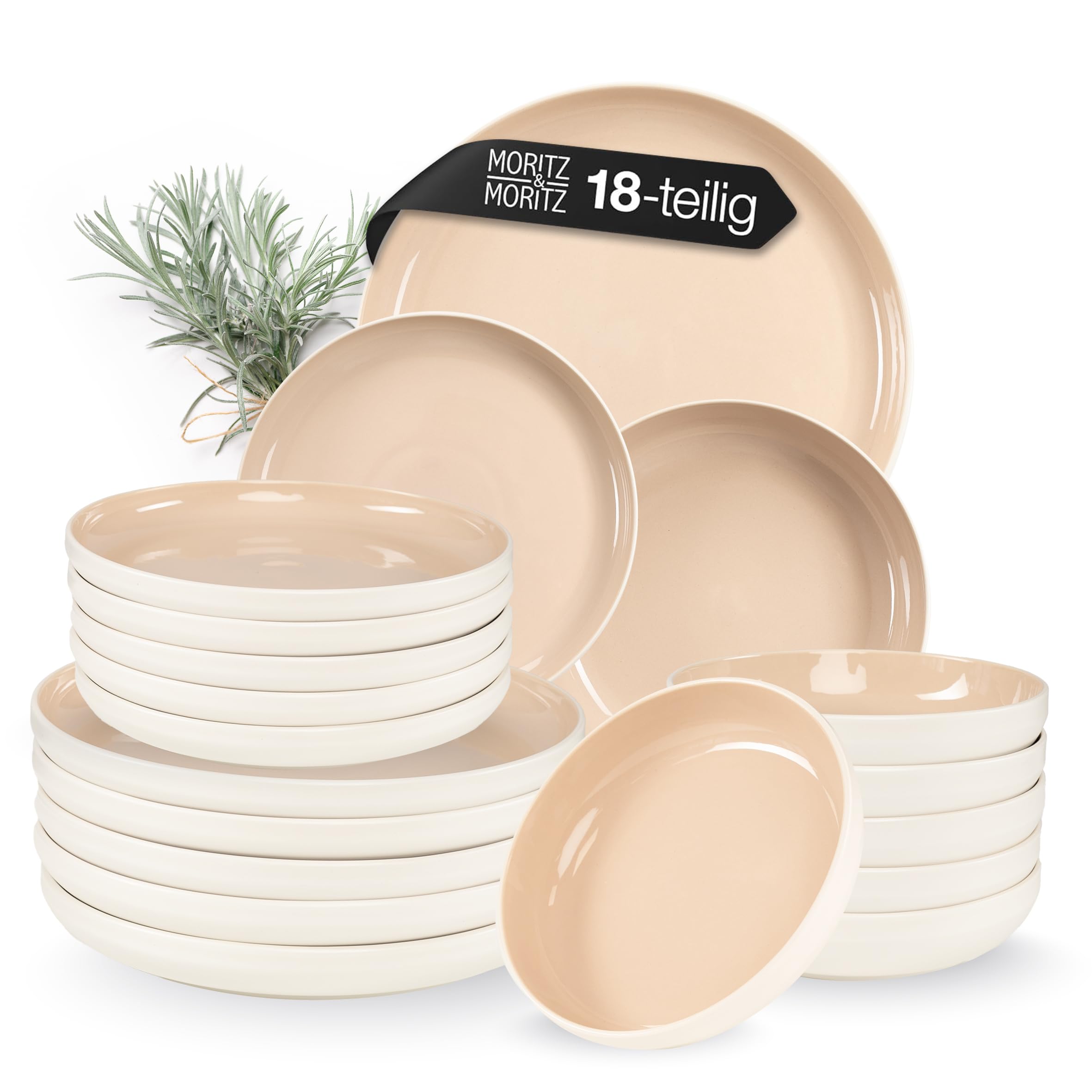 Moritz & Moritz CAVO Steingut Geschirrset 6 Personen 18-tlg. - Modernes Tafelservice in der Farbe Almond - Pflegeleichtes Kombiservice mit Teller Set & Schüsseln - Kaffeeservice
