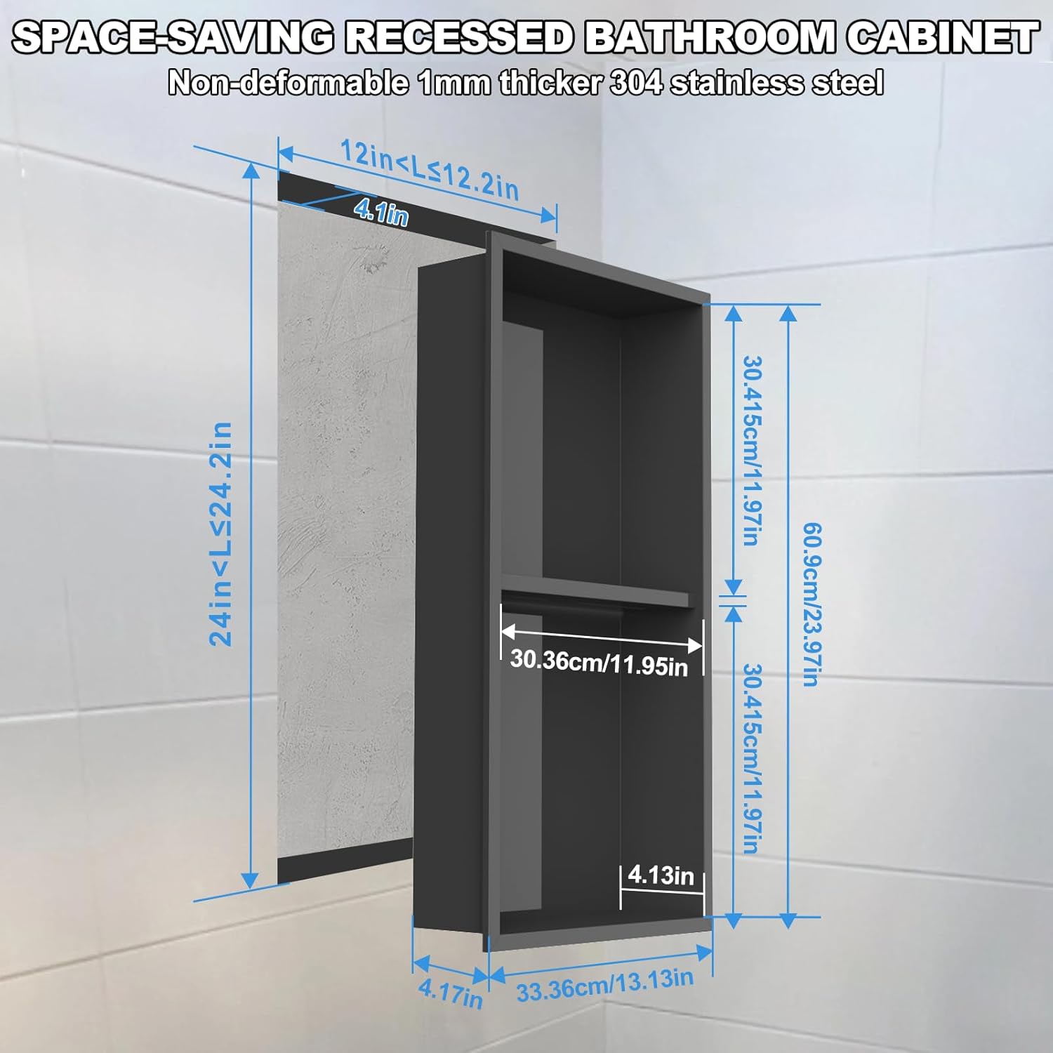 304 Stainless Steel Shower Niche Insert-Glossy Black 24 x 12" No Tile Needed Bathroom Niche for Shower Wall-Double Shelves Built in Shower Shelf-Waterproof Recessed Cabinet for Bathroom Living Room