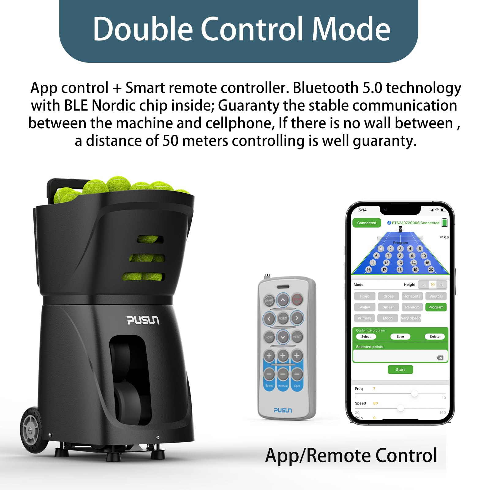 PUSUN PT-Smart Tennis Ball Machine, High-Capacity,Remote-Controlled via APP/Smartphone, Max Speed 12-80 KPH, 26M Max Distance – Portable Training Equipment for Enthusiasts, Pros & Beginners (Black)