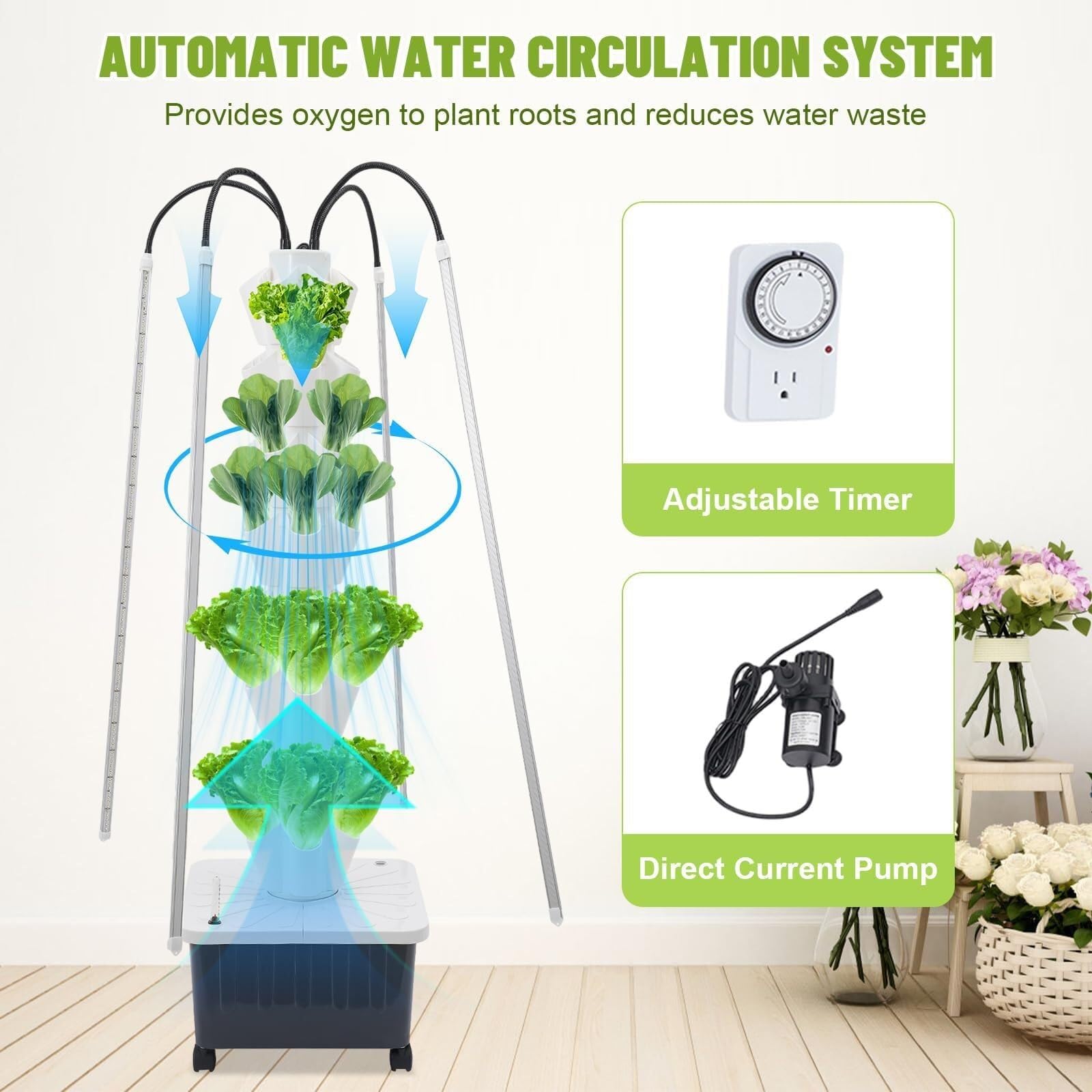 Torre de cultivo hidropónica, maceta vertical con luces de cultivo, capacidad de 40 plantas, jardín interior de 8 niveles, temporizador inteligente, ruedas móviles para hierbas y verduras