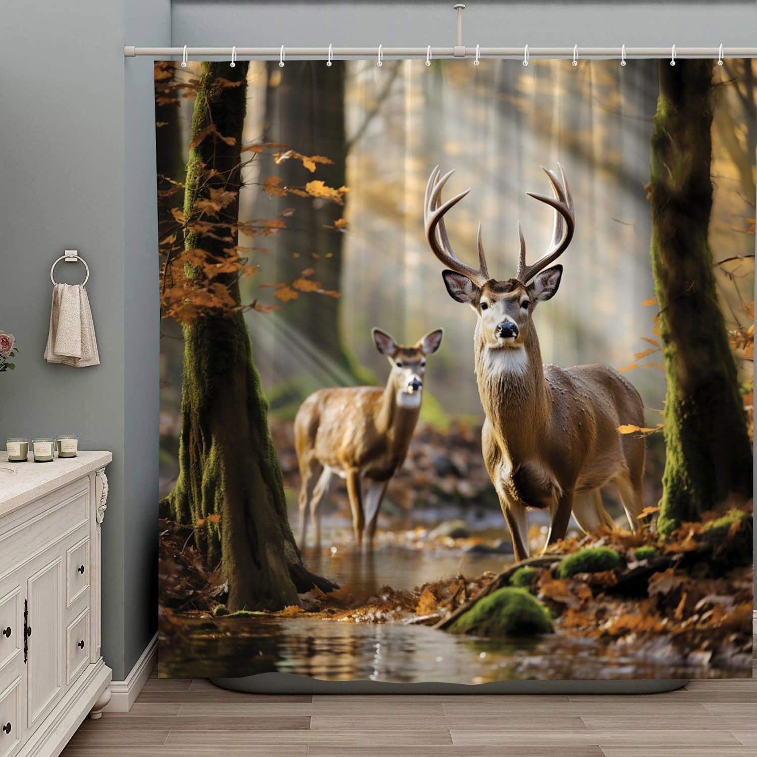 Forest Deer Shower Curtain Elk Moose Rustic Reindeer Winter Nature Scenic Wildlife Camping Hunting Country Farmhouse Lodge Cabin Wild Animal Bathroom Decor Set with Hooks 106Wx70H Inch