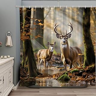 Forest Deer Shower Curtain Elk Moose Rustic Reindeer Winter Nature Scenic Wildlife Camping Hunting Country Farmhouse Lodge Cabin Wild Animal Bathroom Decor Set with Hooks 47Wx70H Inch