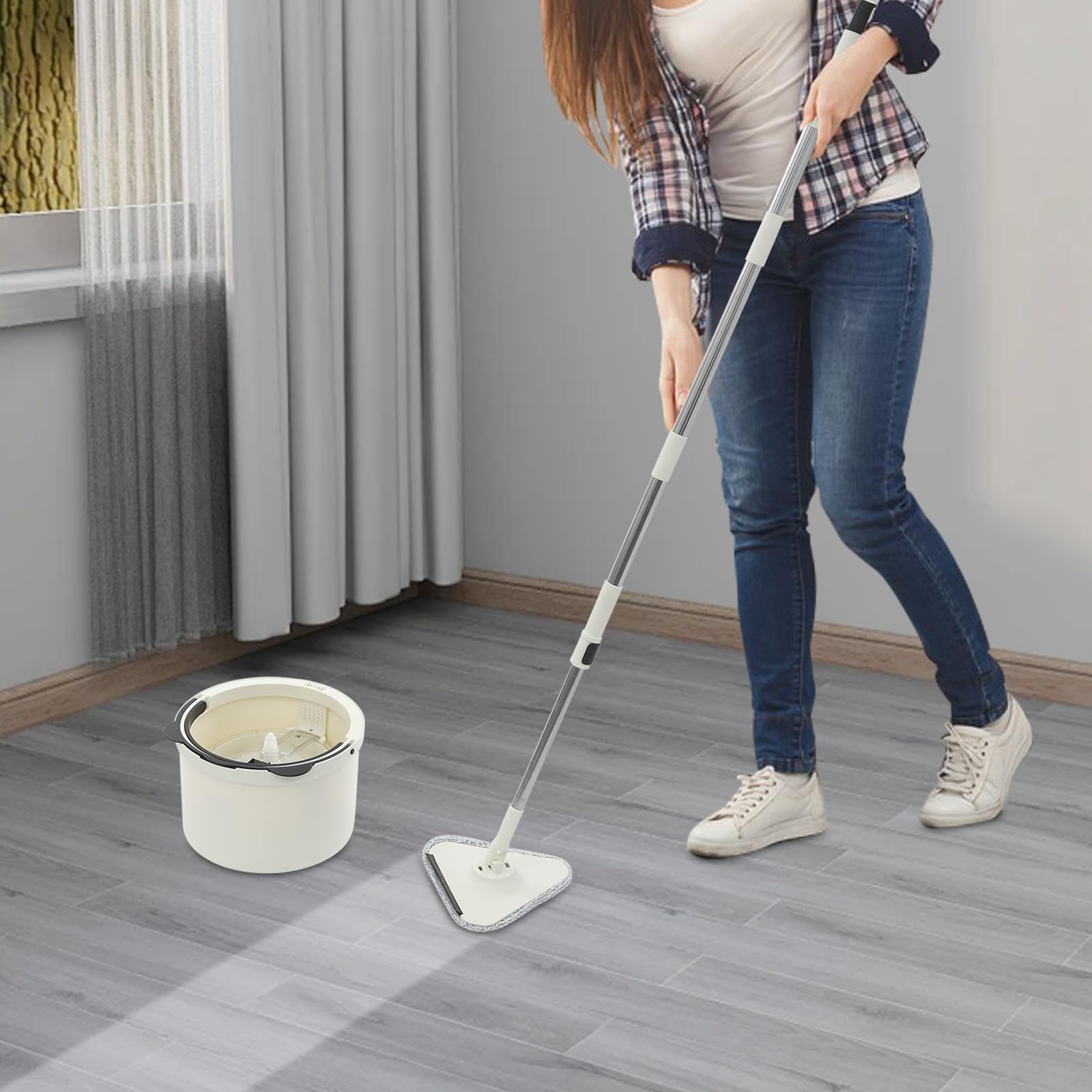 Wischmopp und Eimer Set Spinnenmopp mit Eimer 360° Drehbar Bodenwischer für Zuhause Küche Wohnzimmer Laminat Fliesen 5 Ersatztücher