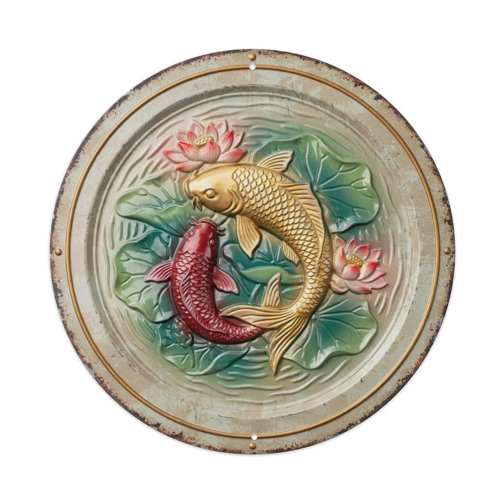 Metallic Copper Koi 3D Round Metal Tin Sign Plaque
