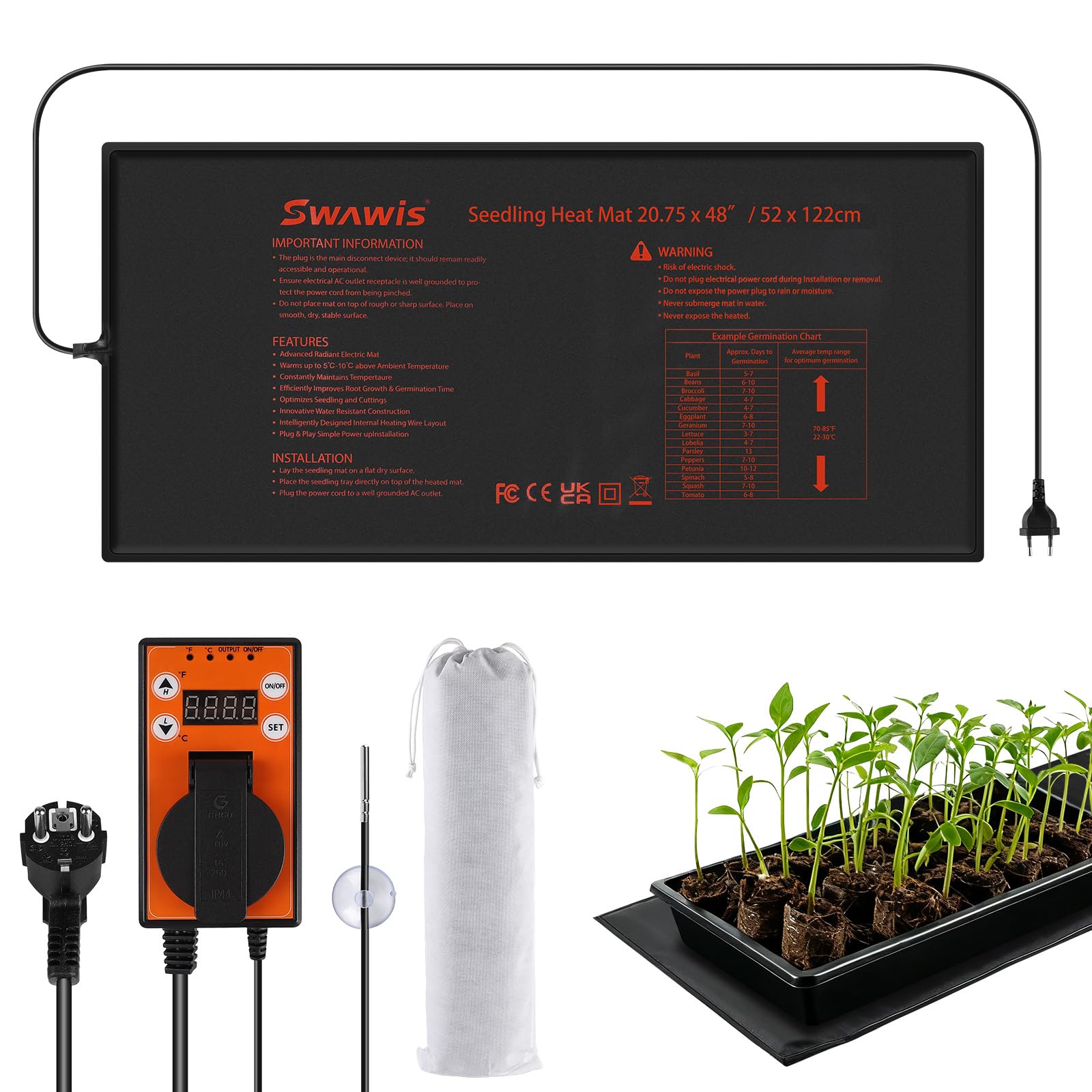 SWAWIS Grzejnik do Roślin 130W, 52,7x121,9 cm, z Oddzielnym Termostatem 5-42°C, IP67, do Szklarni, Ogródków, Terrariów – Z Torbą do Przechowywania