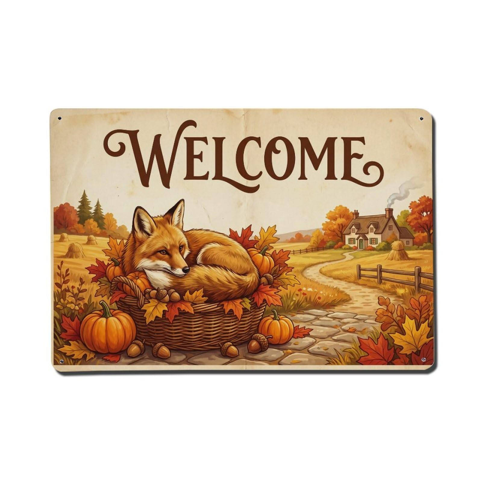 Vintage Welcome Fox Farmhouse Metal Tin Sign