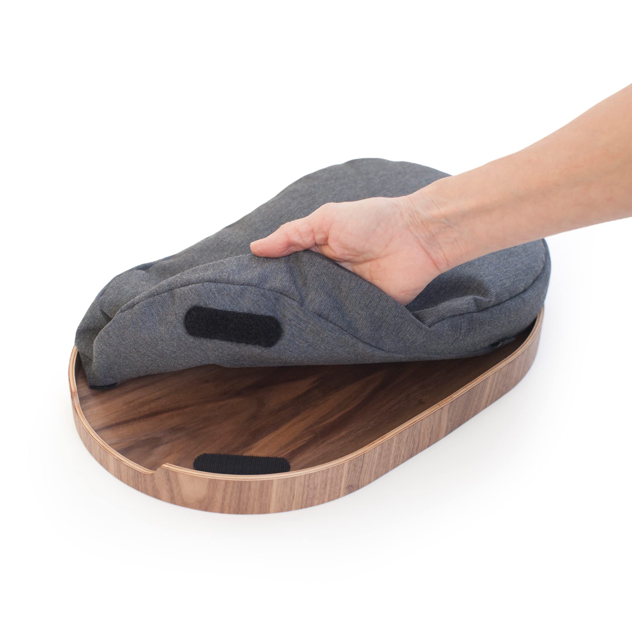 Bandeja portátil multifuncional con cojín moldeable. Para ordenador portátil desayuno cena. Bandeja antideslizante. Funda de almohada lavable extraíble. Almohada gris. Nogal. Mediano (39x26x6,5 cm)