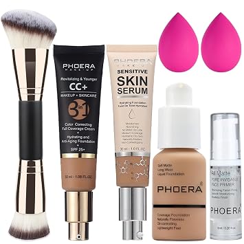 Hilareco PHOERA Foundation,PHOERA CC Cream Foundation Color Correcting Anti Aging Hydrating Serum,PHOERA 4-in-1 Tinted Moisturizer Foundation Serum 105+160CC+N04/ Sand+ Sand+Sand