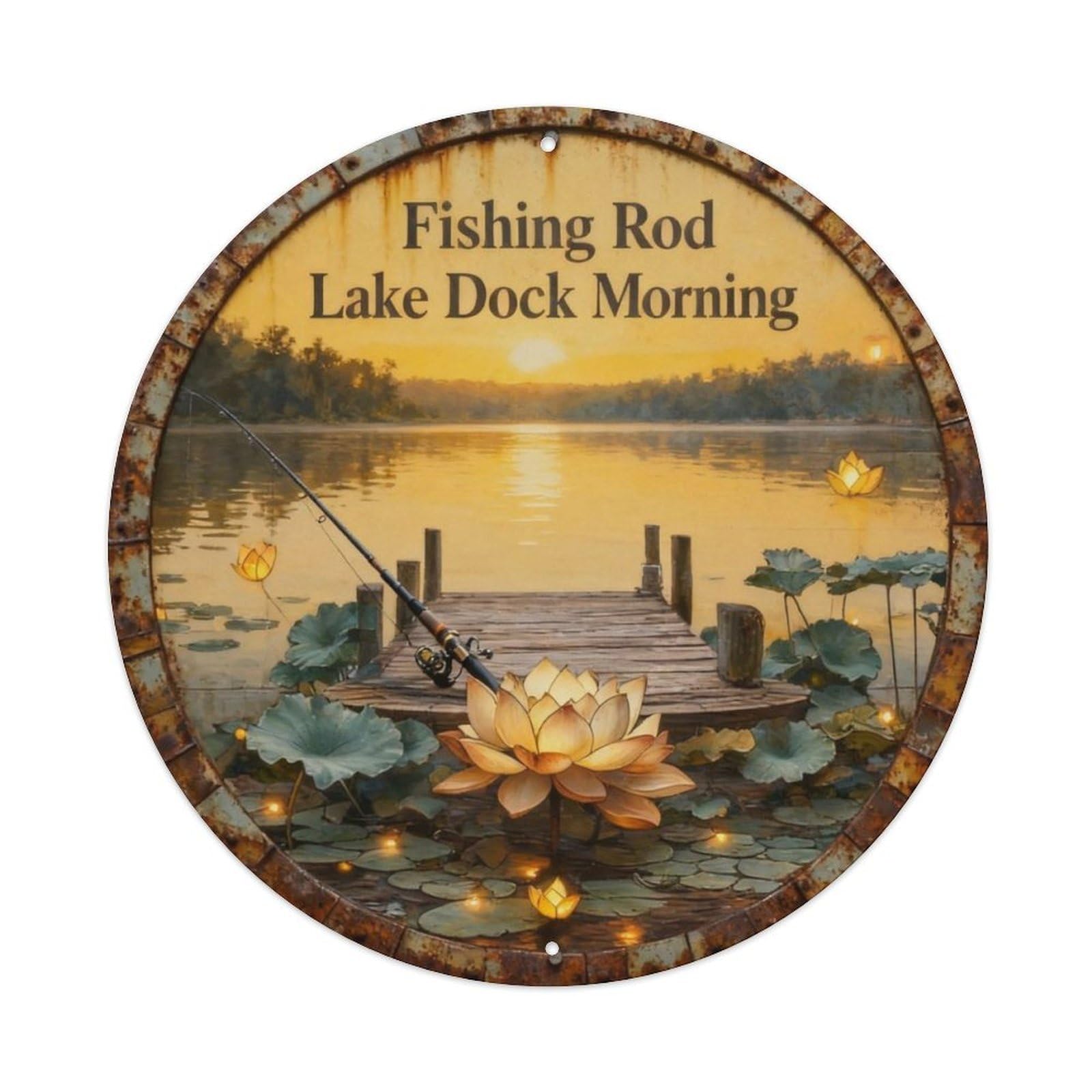 Fishing Rod Lake Dock Morning Metal Tin Sign Plaque
