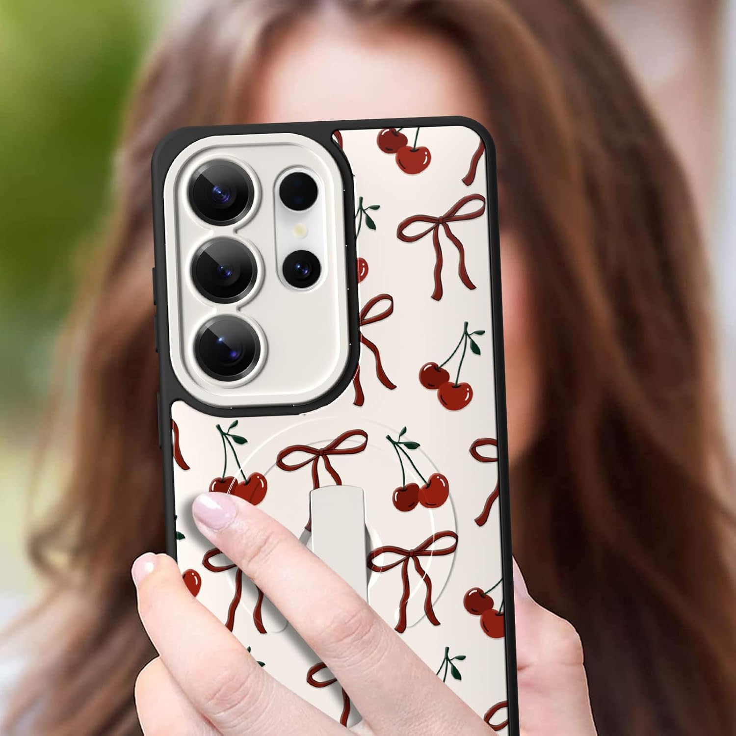 Magnetic Case Compatible with Samsung Galaxy S26 Ultra for Women Men, Cute Cherry Bow Pattern, Built in Adjustable Wrist Strap Grip Hand Holder Shockproof Kickstand Cover (White)