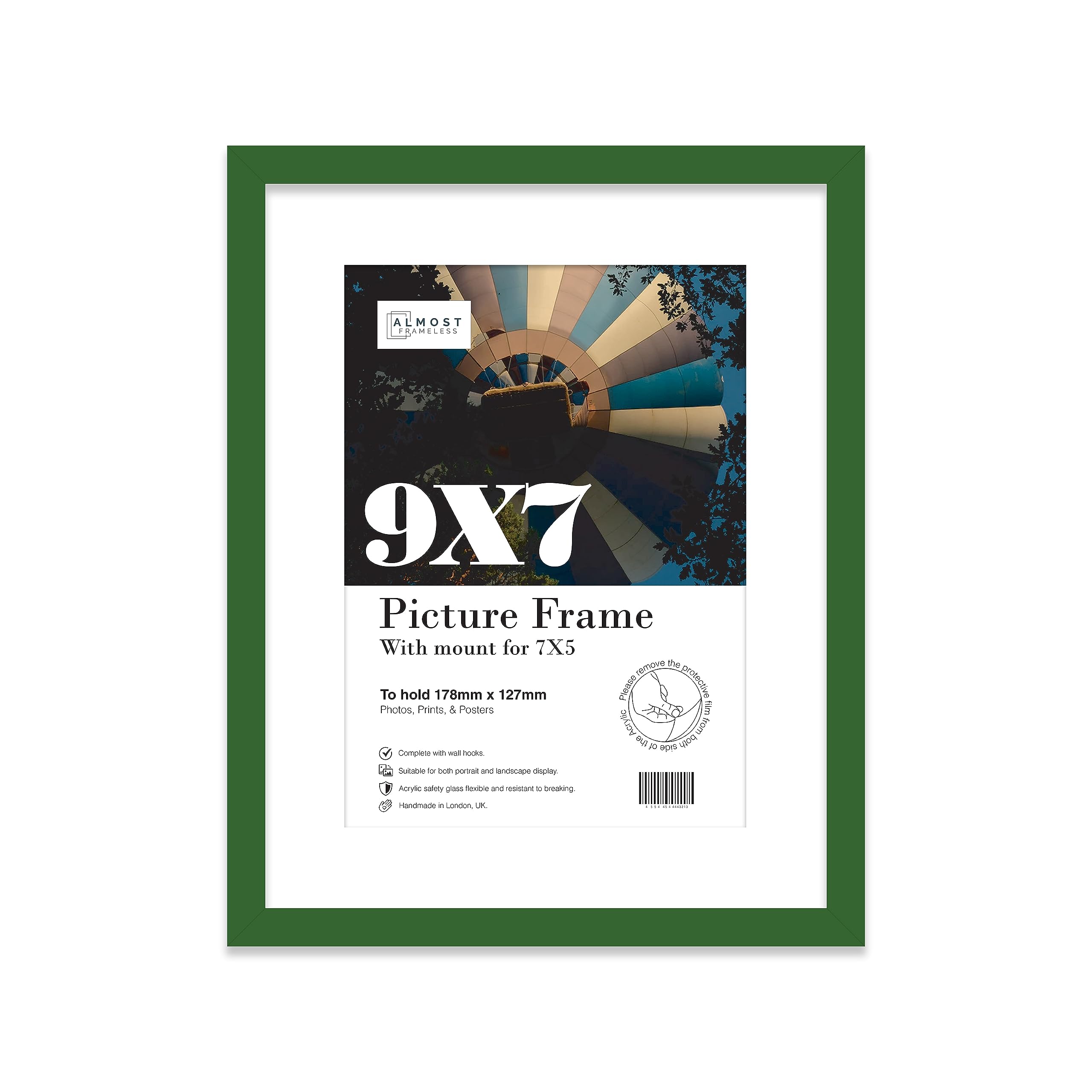 Almost Frameless 9x7 Green Picture Frame With Mount for 7x5 Print, Poster or Photo Poster, Photo, Artwork, or Print. Thin Edge Slim Frame Portrait and Landscape Display with Wall Hooks