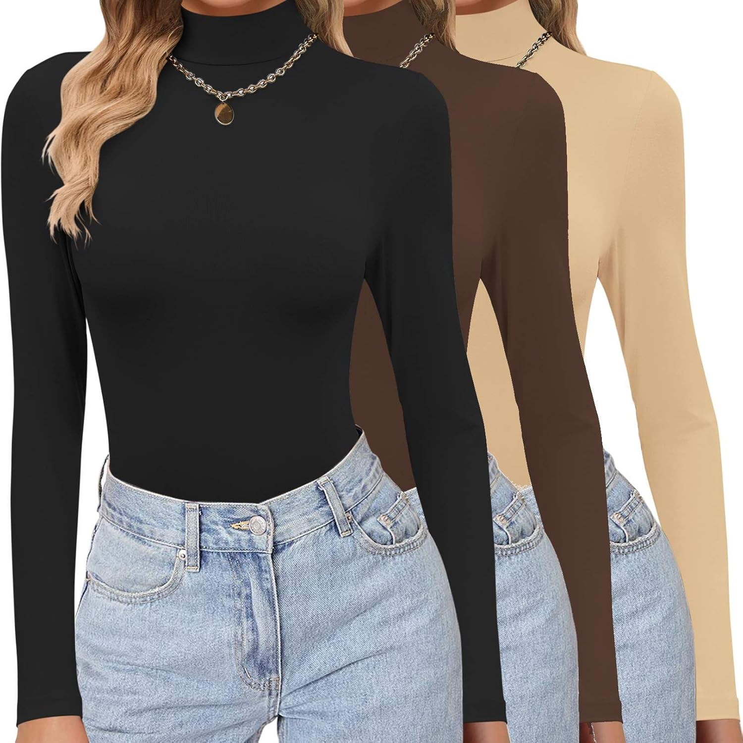 Ekouaer Women's 3 Pack Turtleneck Shirts Long Sleeve Mock Tops Lightweight Basic Layering Thermal Black/Brown/Khaki Small