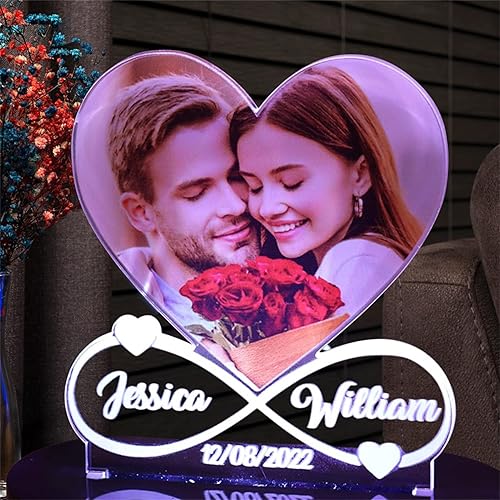 Miniatura 3 de Foto personalizada, luz nocturna de corazón infinito con base, nombre personalizado, fecha, lámpara acrílica, romántica, día de San Valentín,