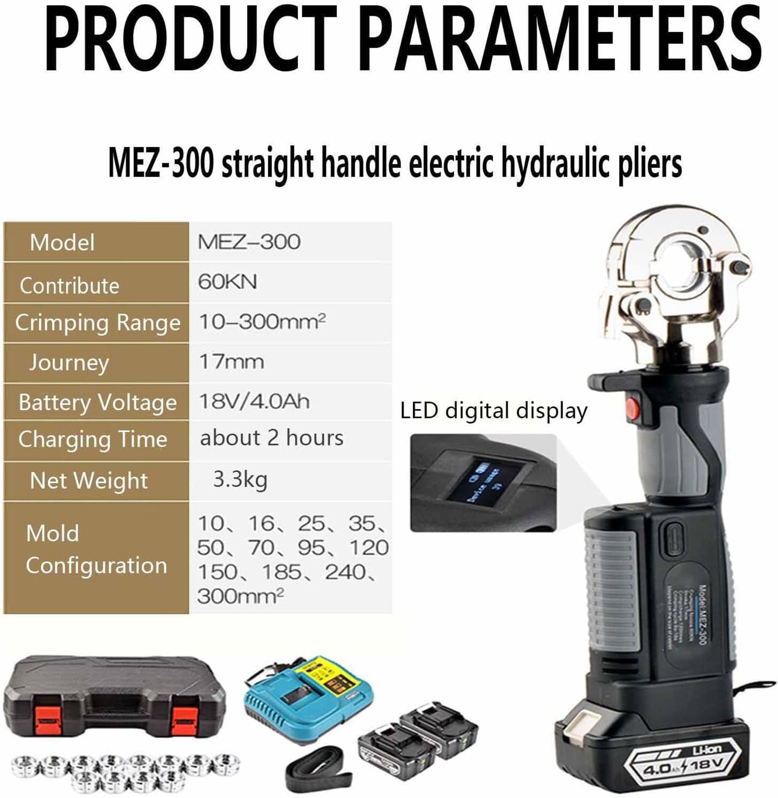 Crimpadora Hidráulica Recargable De 10-300 Mm², Crimpadora Hidráulica Eléctrica con 12 Pares De Troqueles, Cable con Batería para Terminal Cobre Y Aluminio