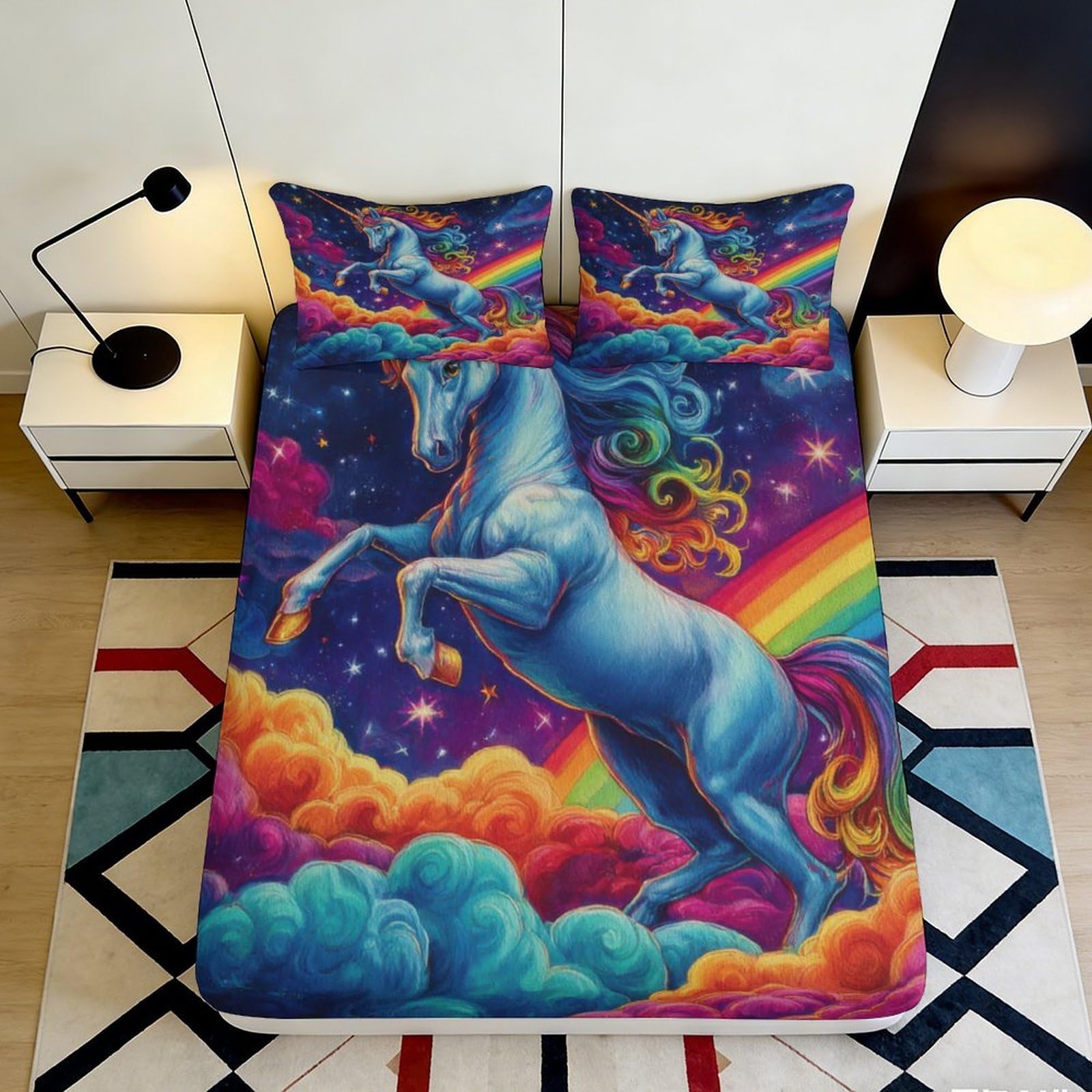 3D Printed Rainbow Unicorn Fitted Sheet Microfiber Soft Colorful Fantasy Clouds Bed Cover for Bedroom Dorm Mattress Protection Decor 160x200x25cm