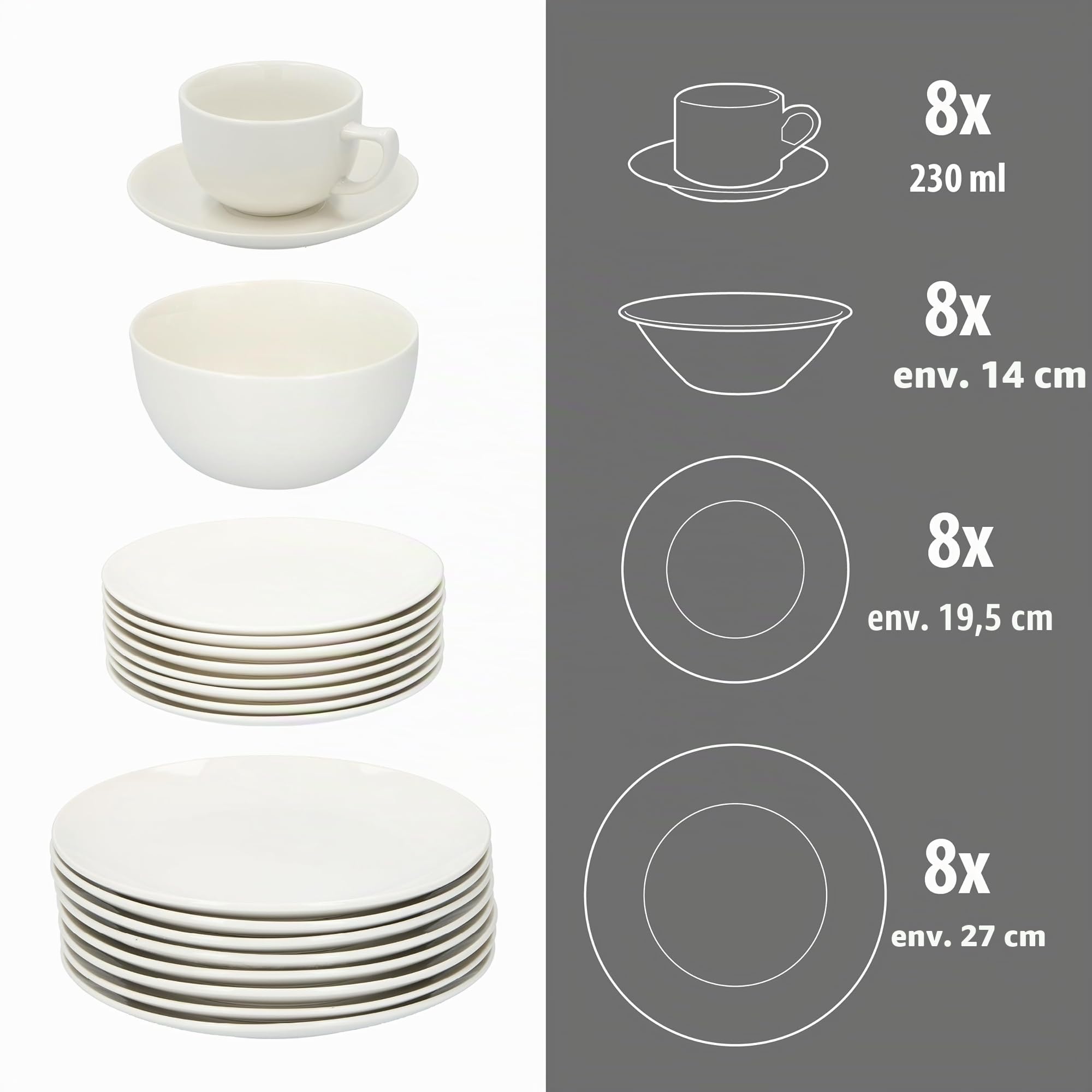 alpina Assiettes Service de Table 8 Personnes - Vaisselle et Arts de la Table 40 Pièces - Compatible Lave-Vaisselle - Blanc
