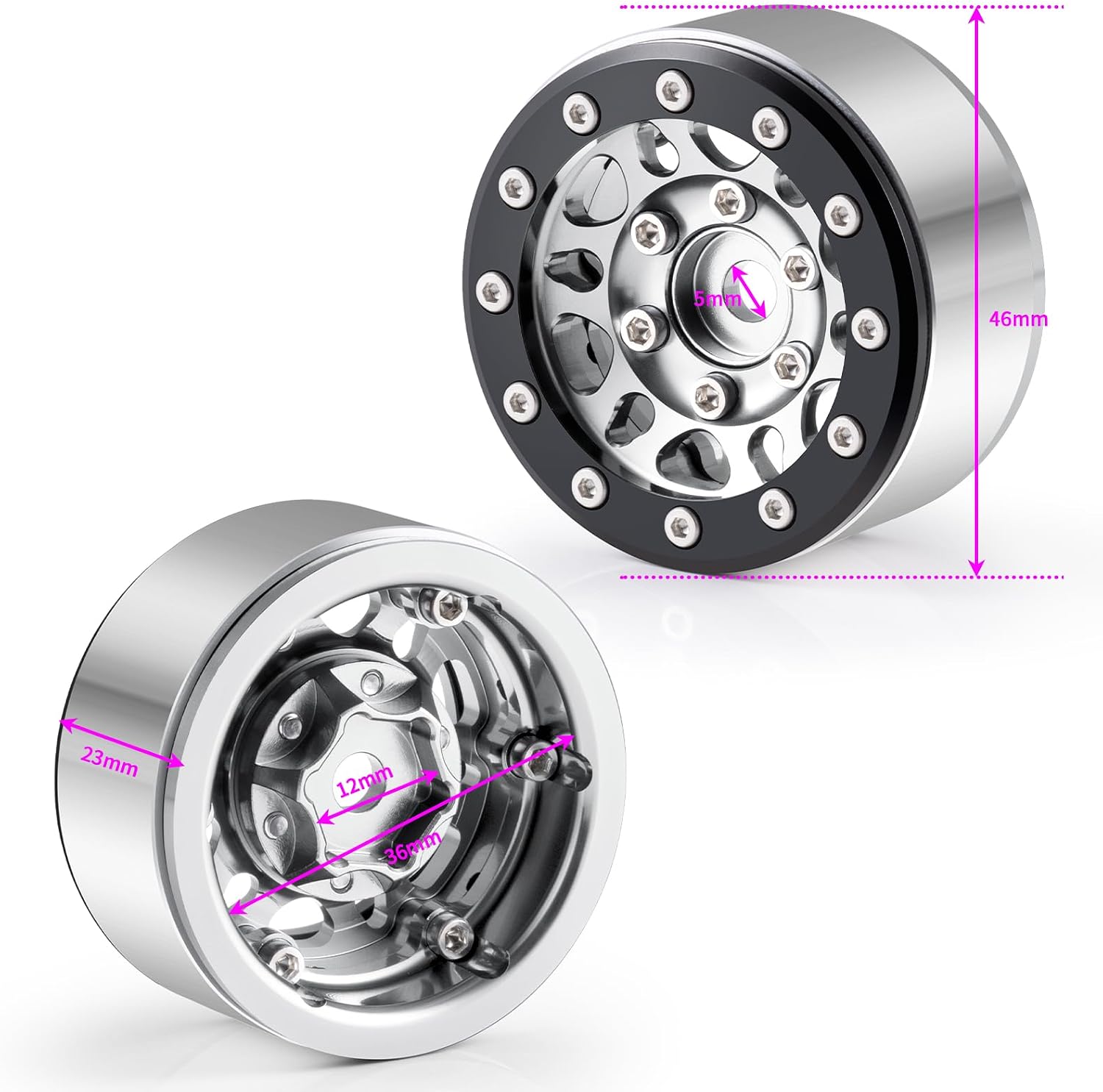 RCLIONS 1.55inch Aluminium Beadlock Wheels Rims for D90 TF2 CC01 AX90069 MST JIMNY 1/10 RC Crawler Trail Truck Car Upgrade Parts (Silver)