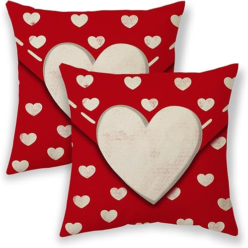 BETGINY Fundas de almohada de San Valentín de 18 x 18 pulgadas, color rojo crema con patrón de sobre de corazón de amor, almohadas decorativas para