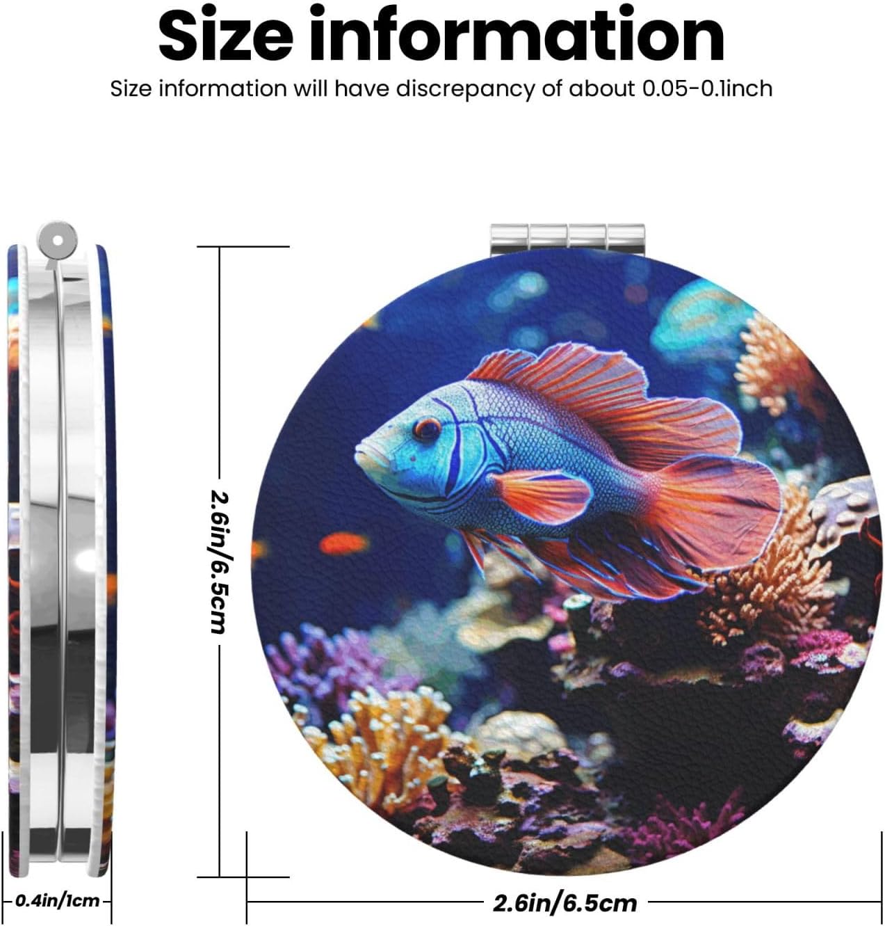 Coral Reef Fish Aquarium Compact Mirror for Purse, Pu Leather Travel Makeup Mirror with 2X/1X Magnification, Foldable Cosmetic Mirrors, Portable Small Handheld Beauty Mirror for Woman Girls image 3