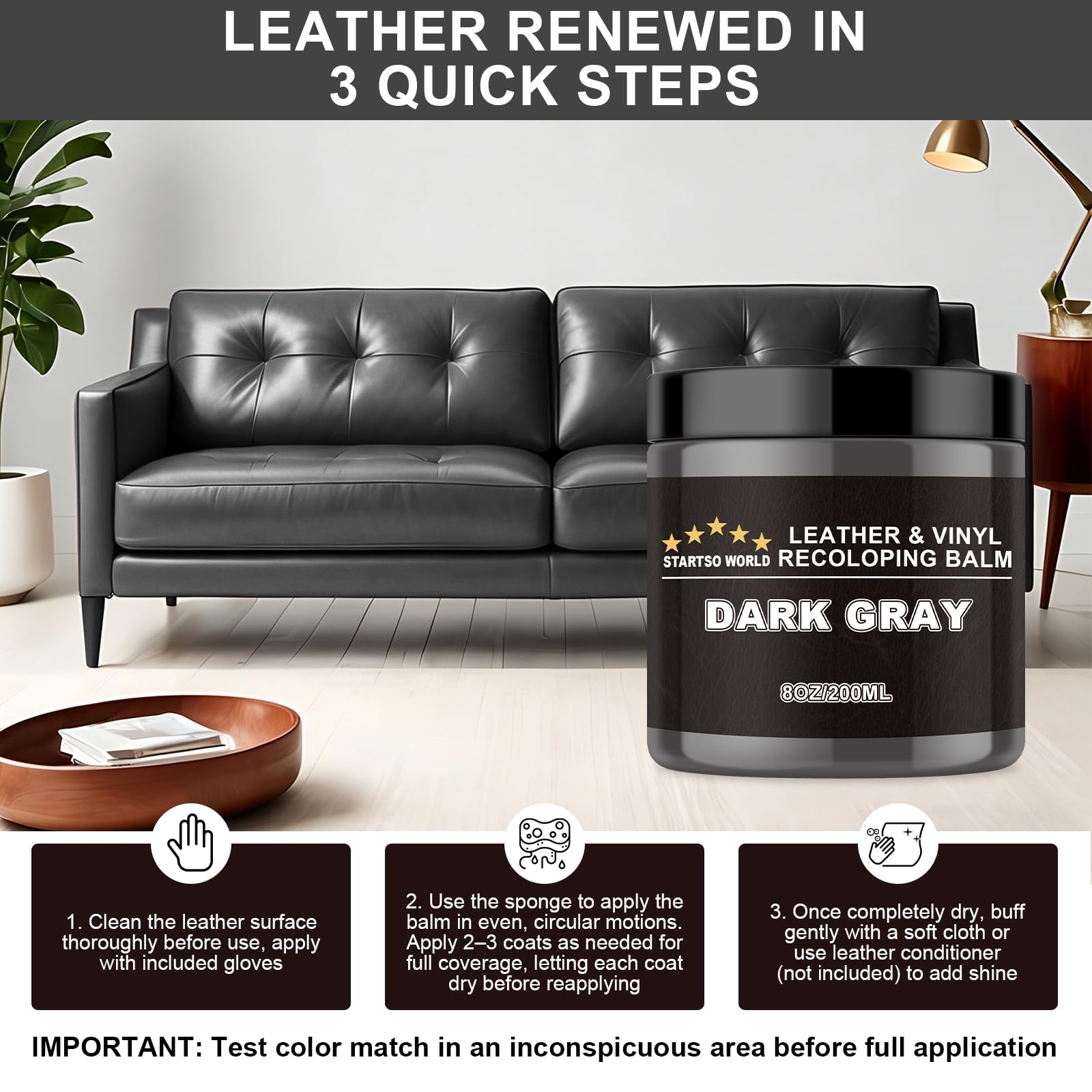 STARTSO WORLD Bálsamo de recoloración de cuero, kit de reparación de cuero gris oscuro para muebles, tinte de cuero, restaurador de color de cuero para sofás, pintura de sofá de cuero, repara,