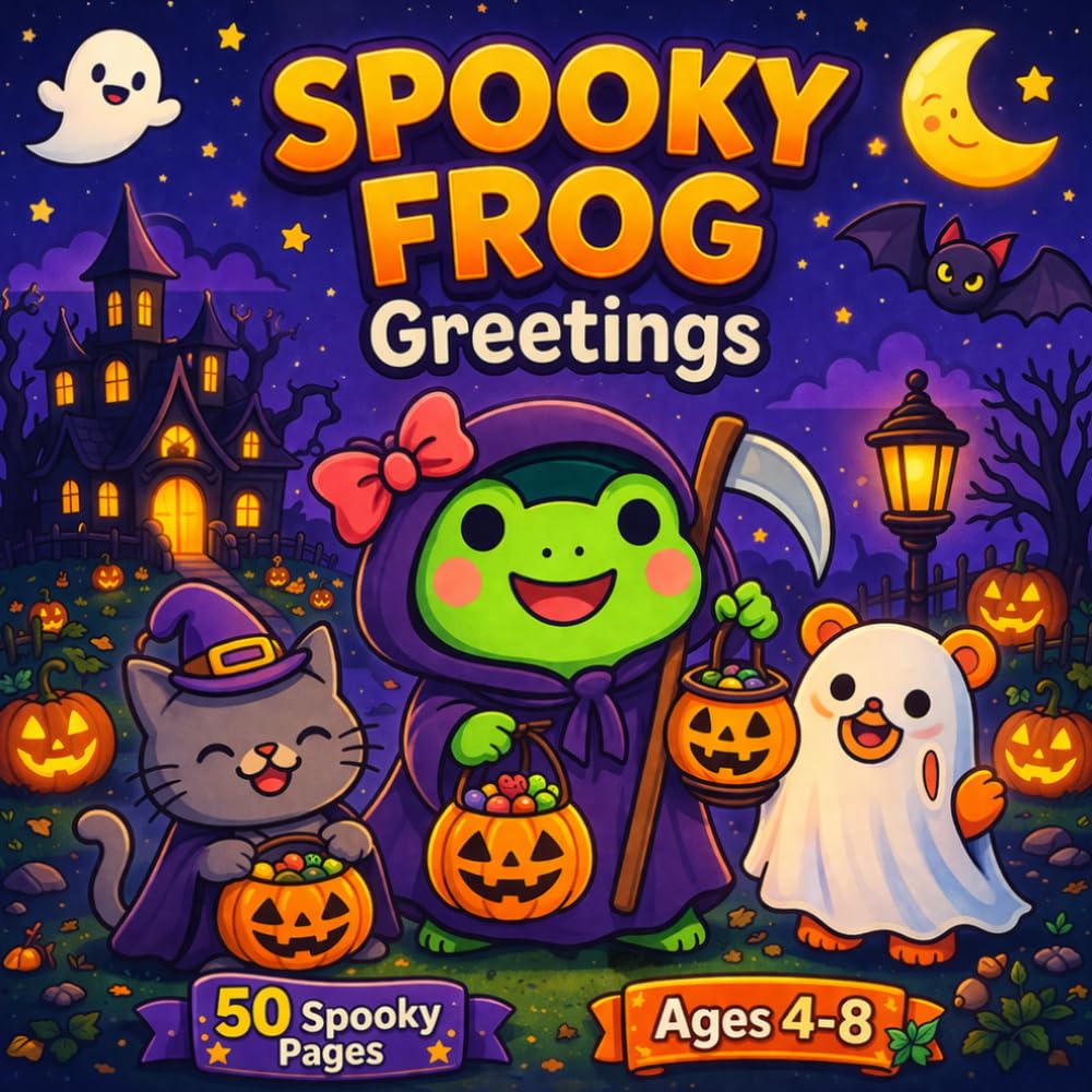 Spooky Frog Greetings Coloring Book for Kids and Adults: Cute Halloween Frogs, Funny Spooky Scenes, Pumpkins and Witch Hats, Simple Line Art, Fun and Relaxing Coloring Pages