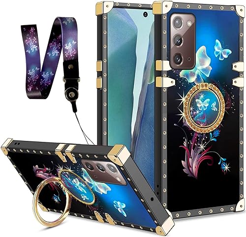Funda cuadrada compatible con Galaxy Note 20, elegante funda de mariposa azul para Samsung Note 20 para niñas y mujeres, con soporte de anillo,