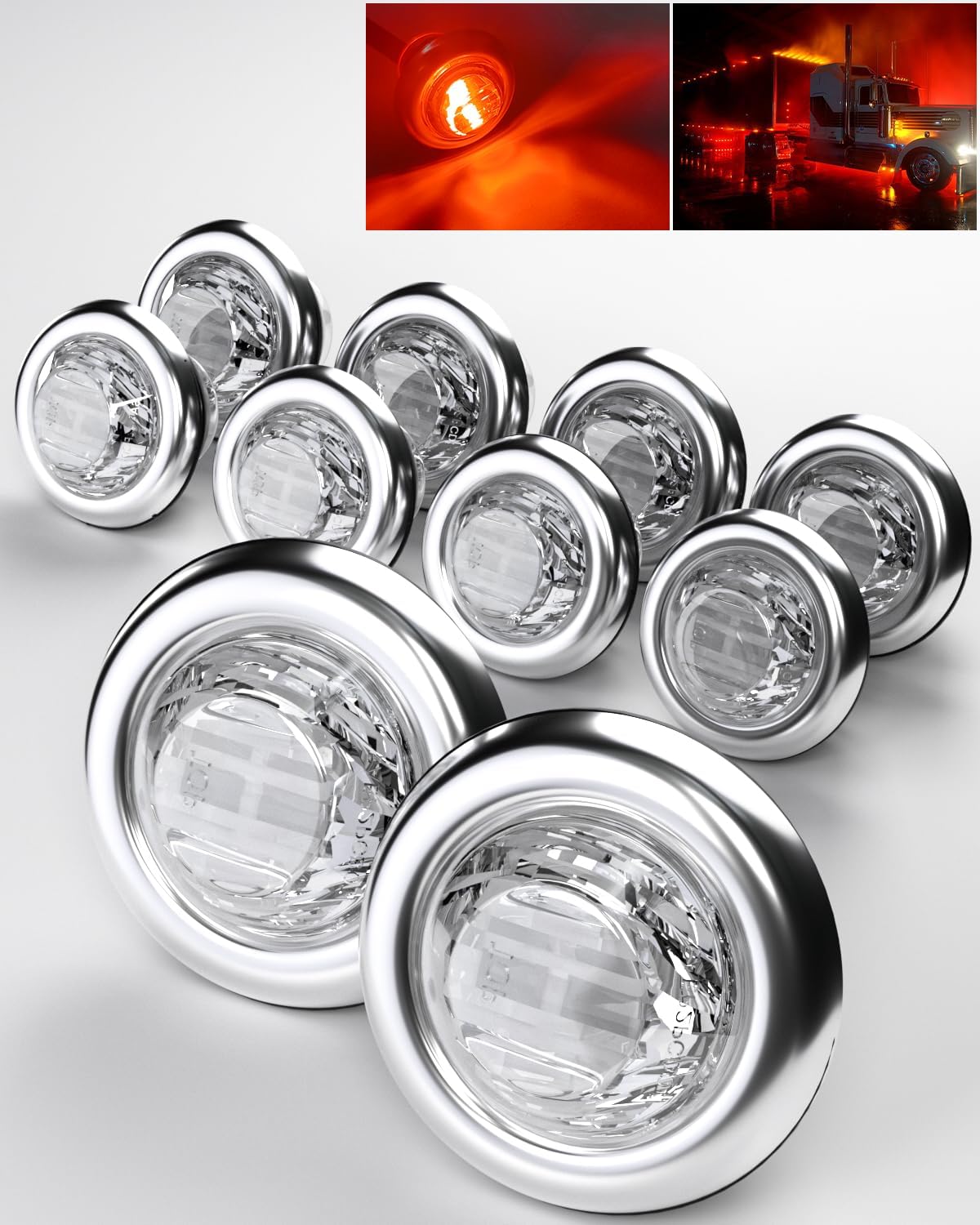 BJZ 3/4'' LED Trailer Marker Clearance Lights Amber Round 12V LED Side Marker Front Rear Turn Signal Tail Light Waterproof for Truck ATV UTV RV Van Pickup, 10Pcs w/Chrome Bezels and Rubber Grommets