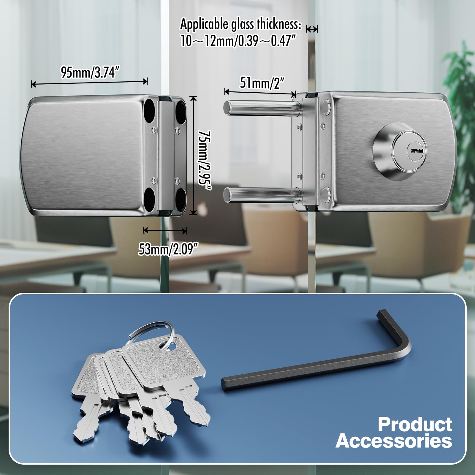 Serrure pour Porte en Verre Sans Perçage en Acier Inoxydable 304, Finition Nickel Brossé, Double Verrouillage Clé et Bouton, Sécurité Renforcée pour Verre Trempé 10–12 mm, Maison Bureau Salle de Bain