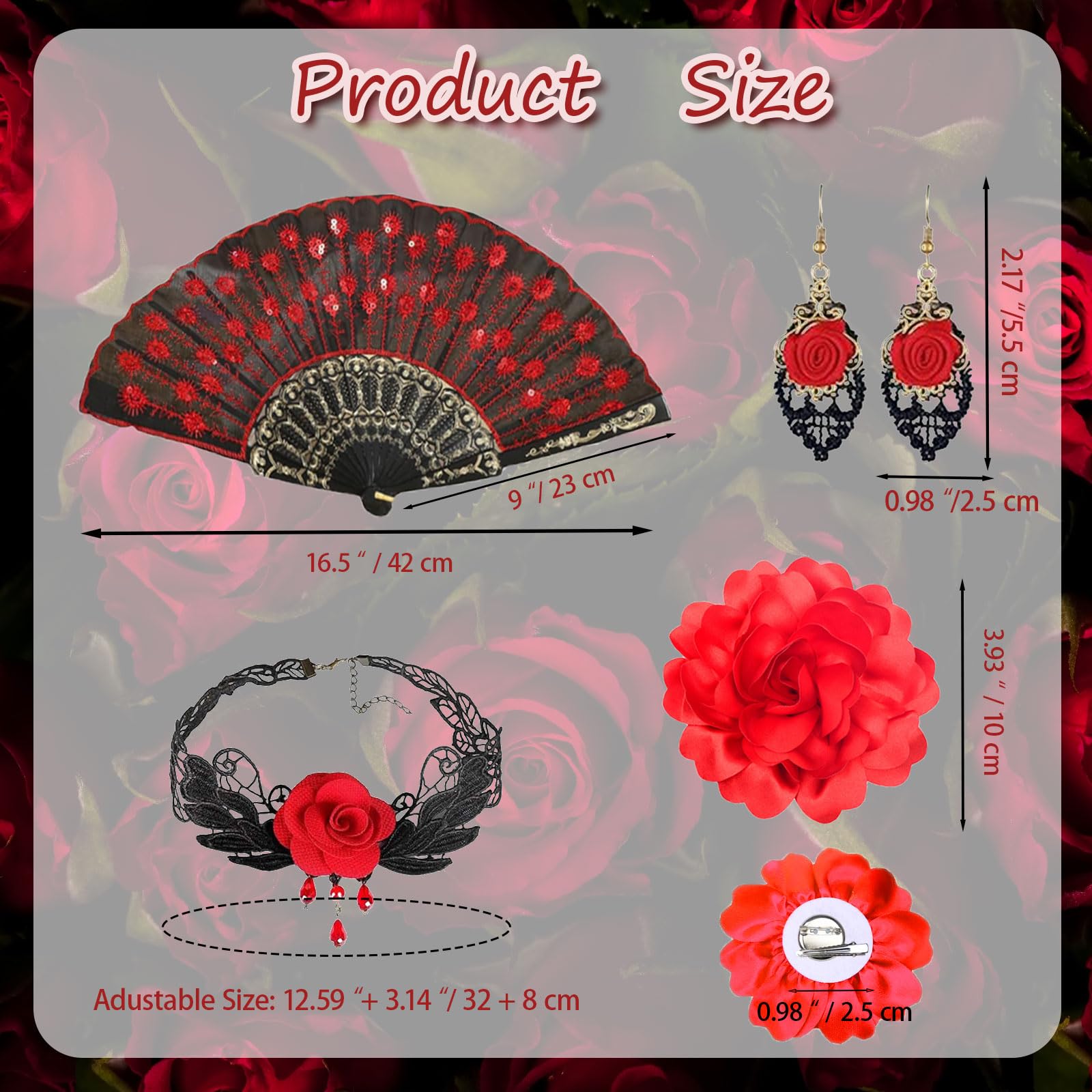 FOUNSHO 4PCS Rose Flower Flamenco Accessories for Women Embroidered Sequins Folding Fan Choker Earrings Red Rose Flower Hair Clip Spanish Dancer Costume For Ladies 1920s Fancy Dress Halloween (Red) - Image 2