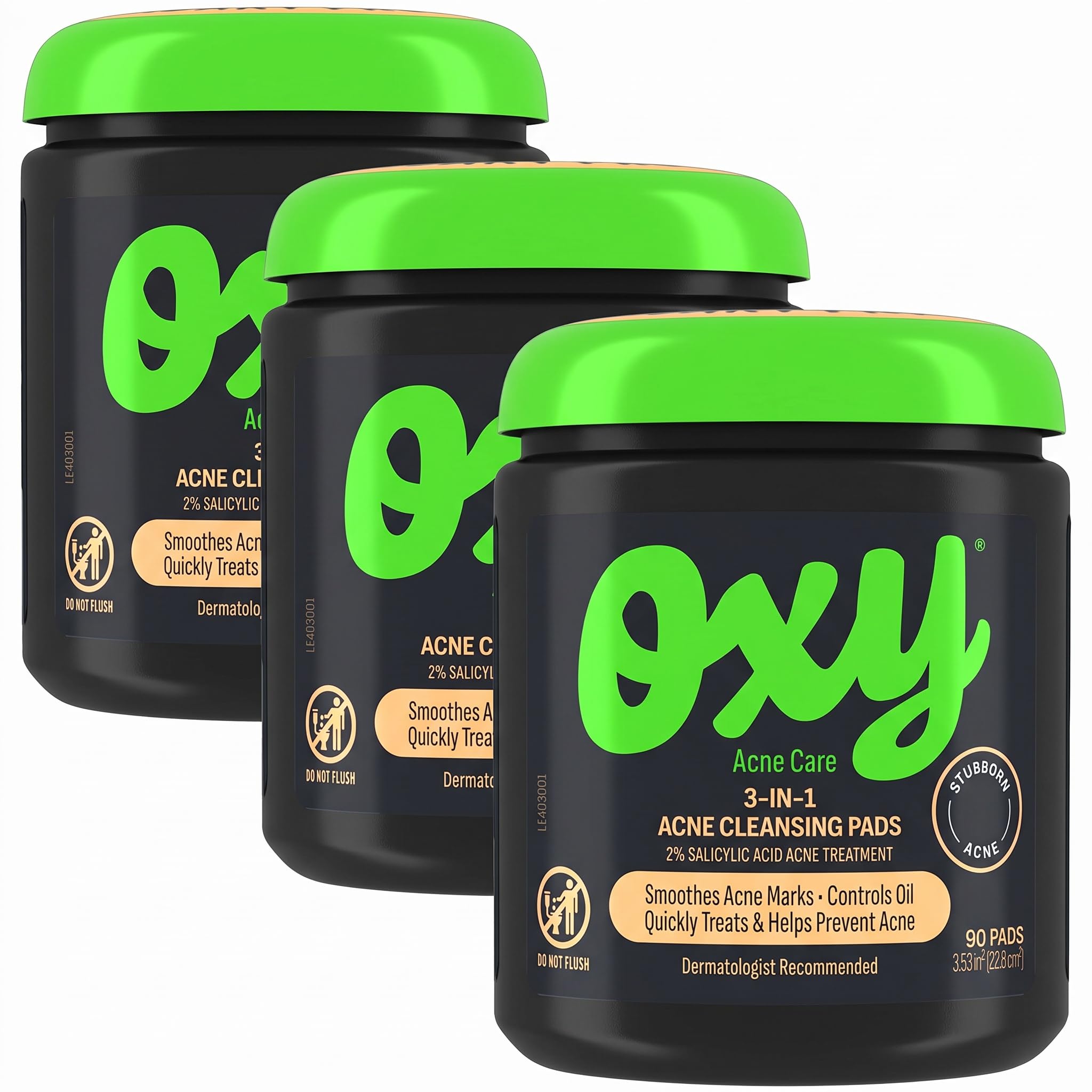 Oxy 3-IN-1 Acne Facial Cleansing Pads, Maximum Strength 2% Salicylic Acid Stubborn Acne Treatment, Controls Oil, Unclogs Pores, Smooths & Brightens Skin, Dermatologist Recommended, 90 Pads (Pack of 3)