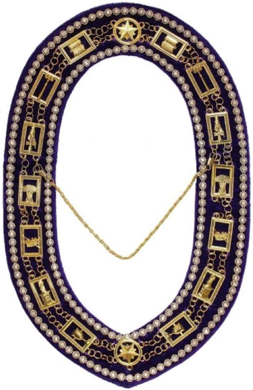OES - Regalia Rhinestones Chain Collar - Gold/Silver on Purple + Free Case
