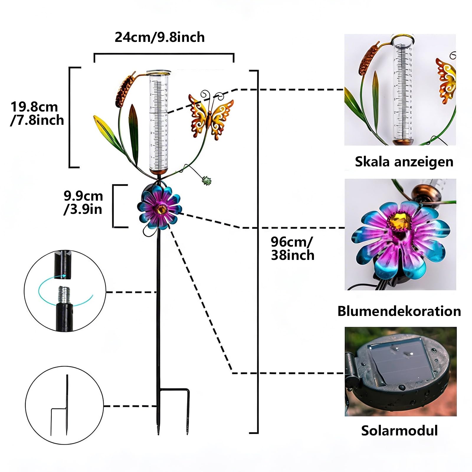 HOSPAOP Solar Regenmesser für Garten mit Erdspieß und LED, Niederschlagsmesser Frostsicher Glas für Rasen, Terrasse, Feldern, Innenhöfen, Gartendeko