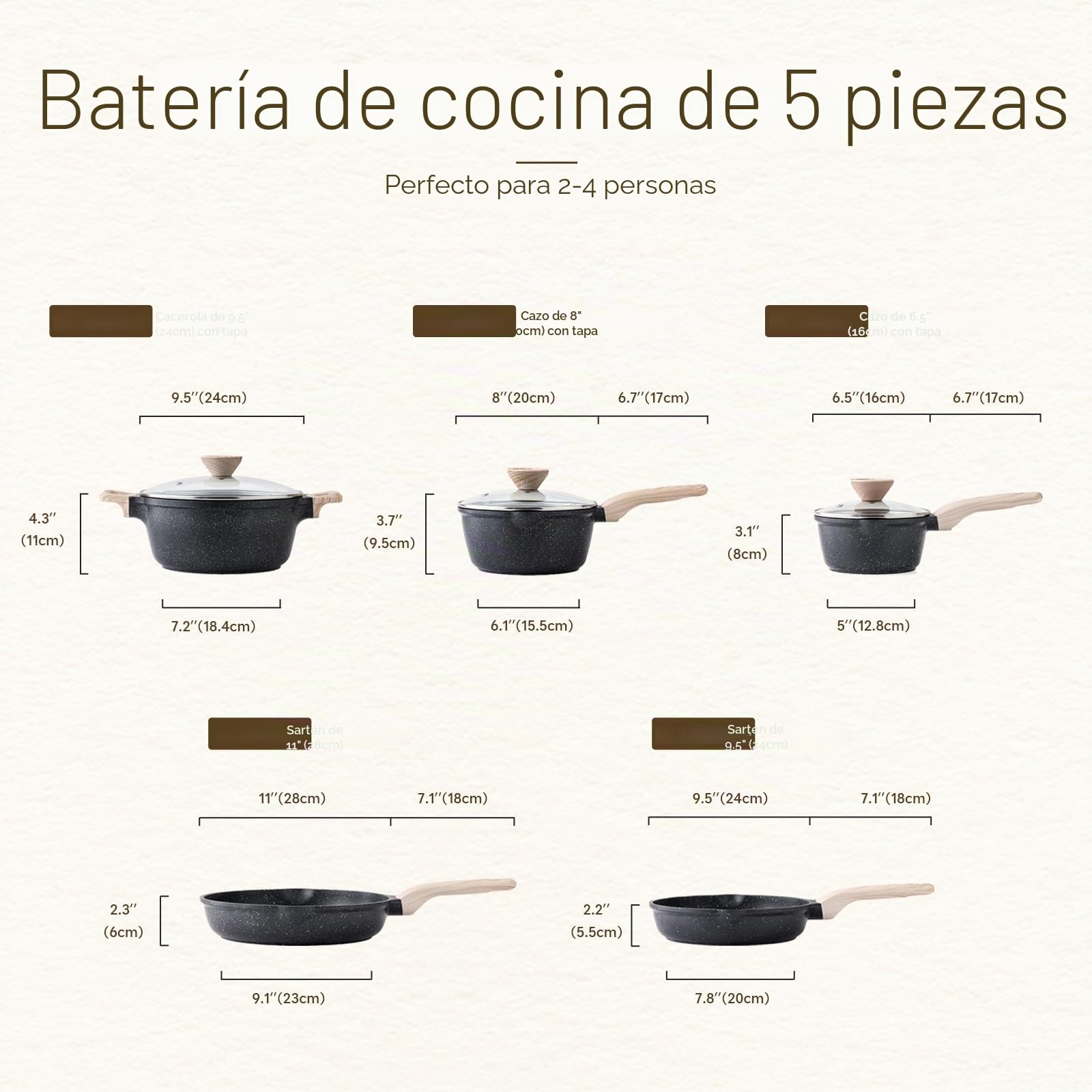 Kordisen Juego de utensilios de cocina antiadherentes, 5 piezas, juego de ollas saludables y no tóxicas, compatibles con inducción, libres de PFOA y PFAS