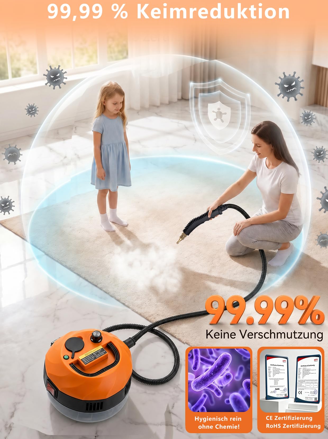 Limpiador a Vapor 1500W, 105℃, 6 Niveles, 3BAR Portátil | Vapor 105℃ 3BAR, 15 s calentamiento. Depósito 1,3L, 6 niveles, 3 cepillos. Sin químicos, para cocina baño coche.