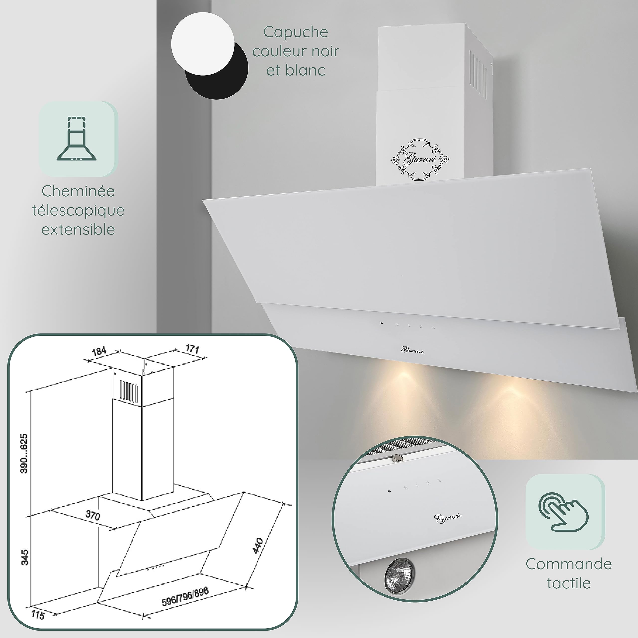 Hotte 80 cm GURARI GCH D 268 WH 8 Prime/Hotte Blanc Verre à Commande Tactile/Hotte éclairage LED inclinée/Hotte de Cuisine Classe A avec filtre à charbon/Hotte Aspirante