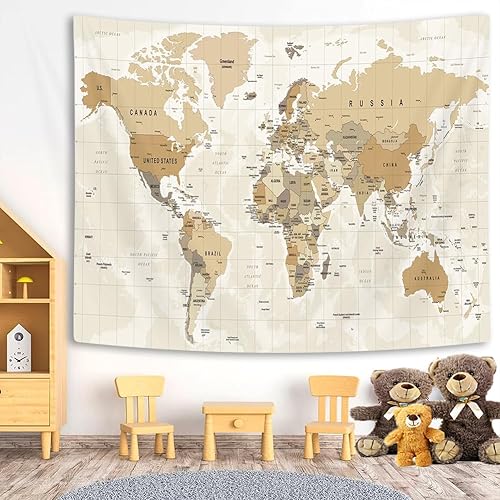 Miniatura 4 de Tapiz de mapa del mundo antiguo, tapiz para colgar en la pared para niños y estudiantes, vintage Asia Europa América, África, Japón, beige, póster