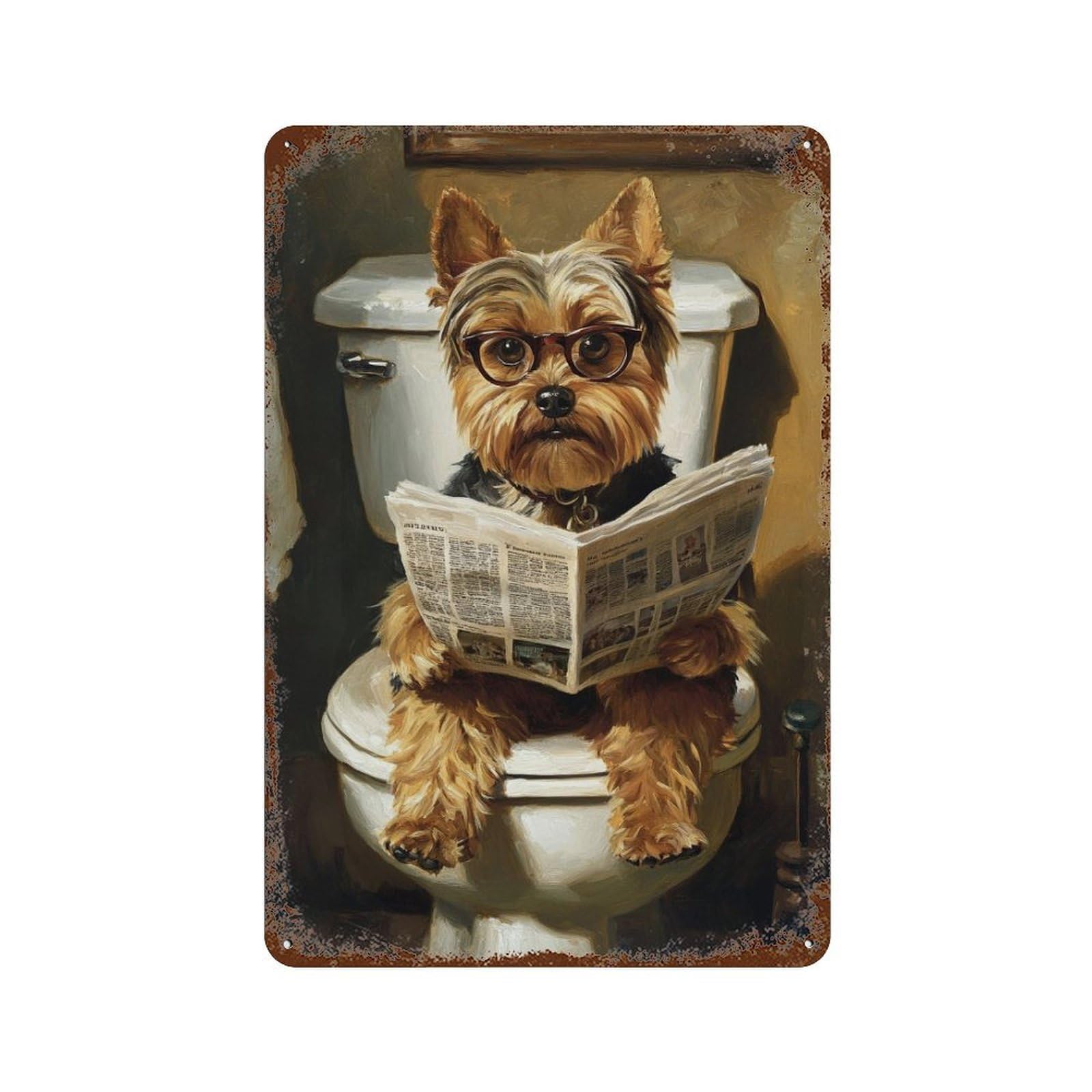 Garage Style Dog Reading Newspaper on Toilet-72 Distressed Metal Wall Sign 11.8"x7.9", Shabby Chic Decor for Bar And Workshop