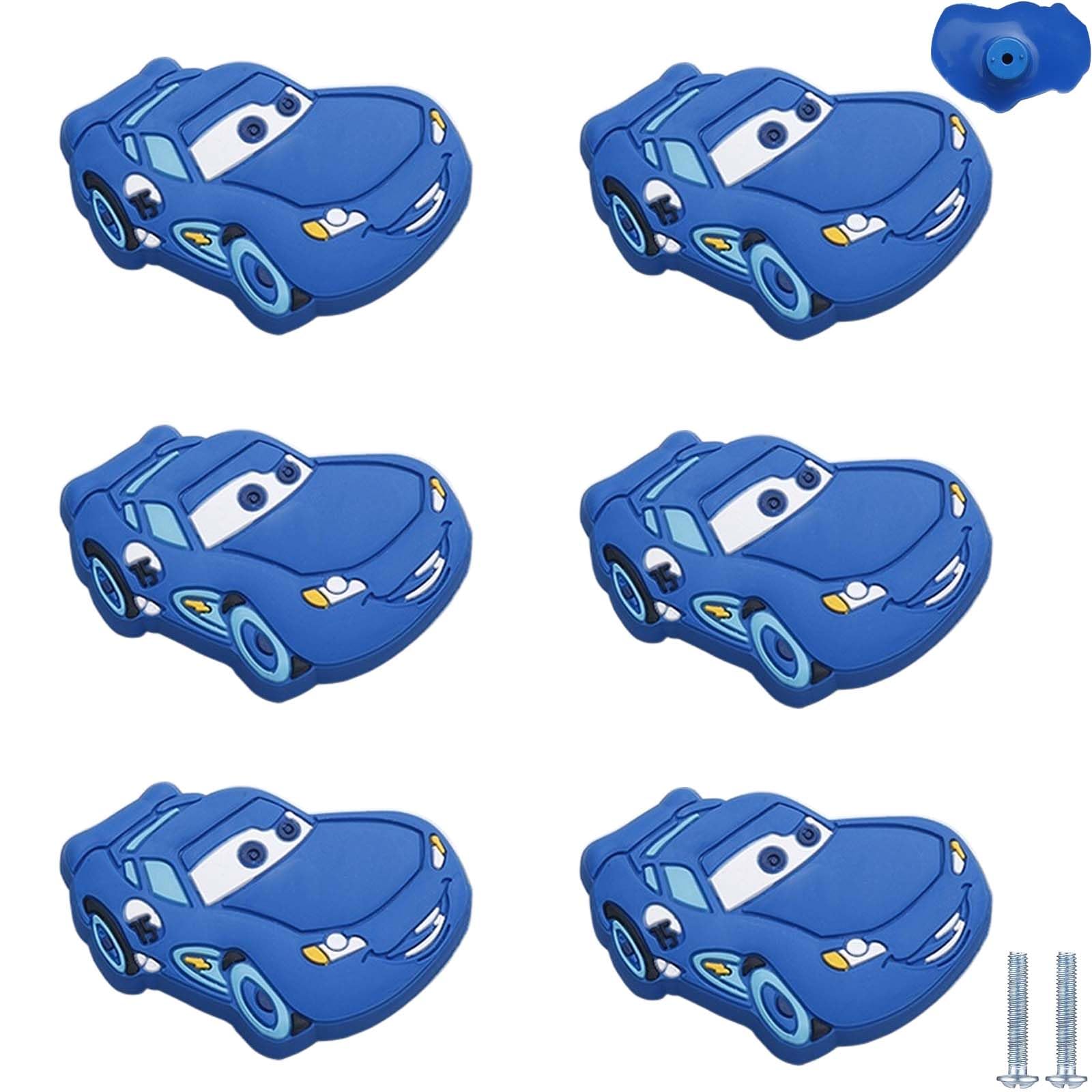 PIYYQNY Wardrobe Handles 6 Pack Small Knob for Children's Room Wardrobe Soft Rubber Anti-Collision Pull Cabinet Drawer Handle Cartoon Sports Car Small Pull(Blue 53mm)