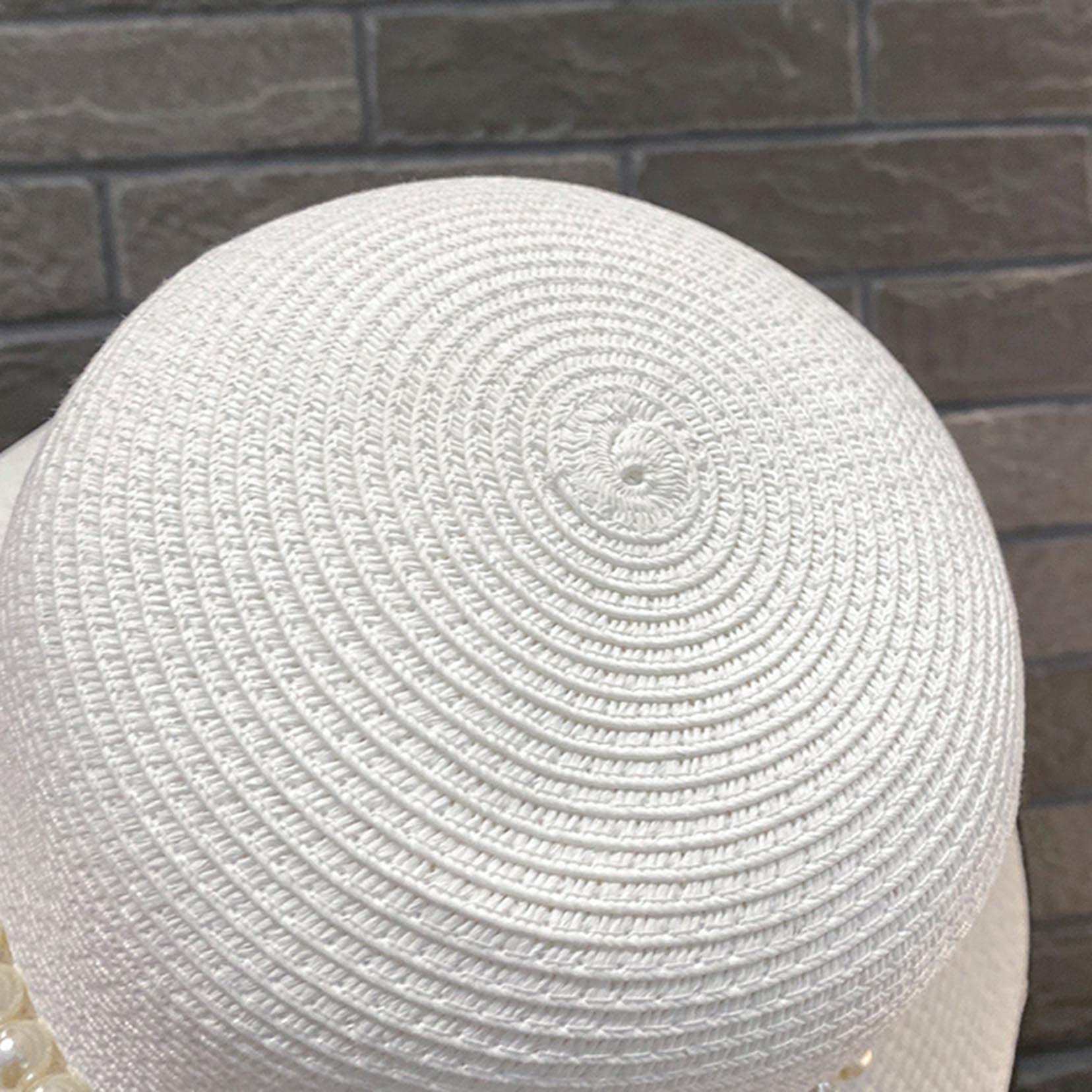 Damen Sommerhut Stroh Fedora Strand Sonnenhut, Blumendekoration Packbares Breitenkrampf Panama Hut White-56-58cm