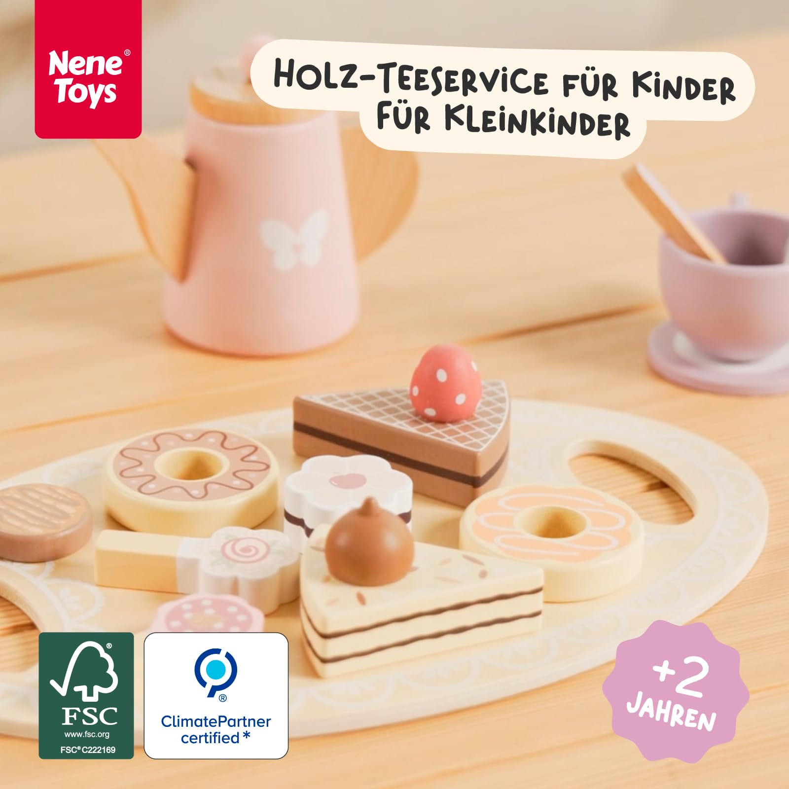 Nene Toys Holz-Teeservice für Kinder ab 2 Jahren – 18-teiliges Tee Set mit Teekanne, Tablett, Tassen & Süßigkeiten – Spielküche Zubehör, Montessori Rollenspiel, FSC® Holz – Geschenk 2–5 Jahre