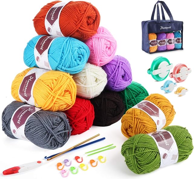 Homewit Acrylic Yarn, 12 Color*50g Double Knitting Yarn + 2 Crochet Hooks and Yarn Pom Pom Makers kit 4 Sizes for Knitting Projects, Fluff Balls