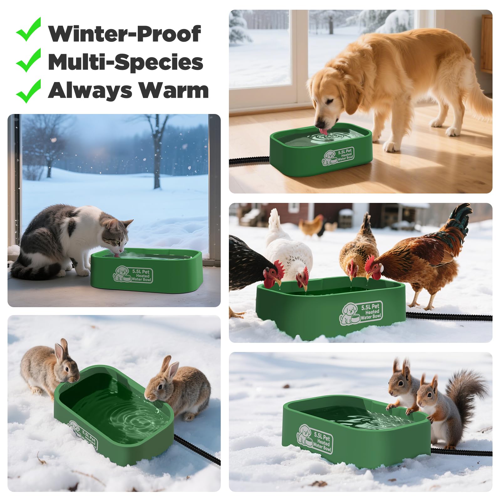 IPOW Cuenco de agua con calefacción para mascotas, rectangular extra grande de 5.5 L, duradero, para exteriores, con cable antimasticación, mantiene el agua caliente a 25.0-35.0 °C para gatos y perros