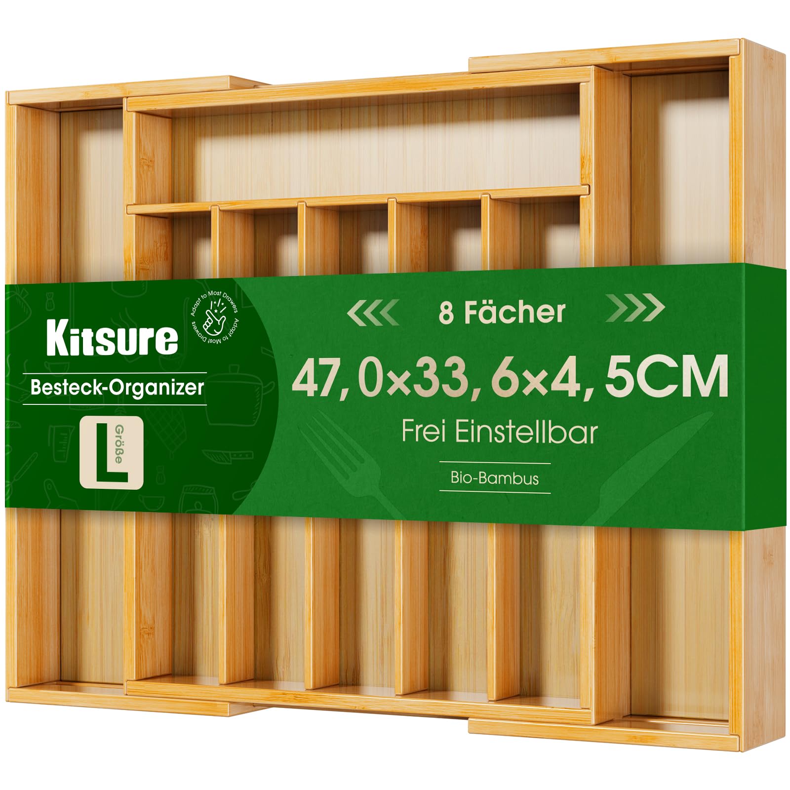 Kitsure Besteckkasten für Schubladen - Schubladen Organizer Küche mit 8 Fächern, stabiler Besteckkasten aus Bambus als vielseitiger Küchen Organizer, 33,6 x 4,5 x 29,0-47,0 cm