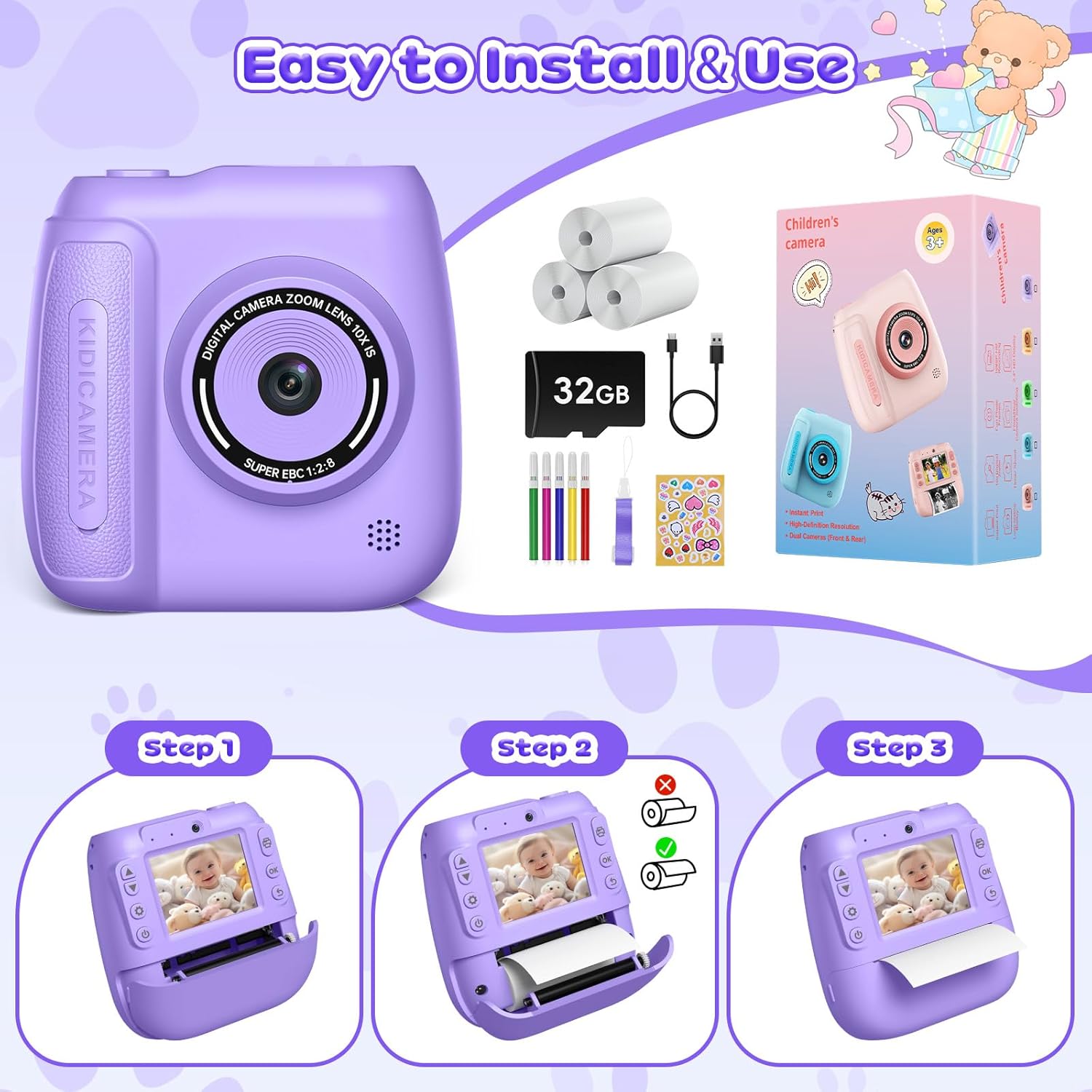 Three steps showing how to load printing paper into the Hangrui D102 camera. Step 1: Open the paper compartment. Step 2: Insert the paper roll with the paper end coming out. Step 3: Close the compartment with the paper protruding.