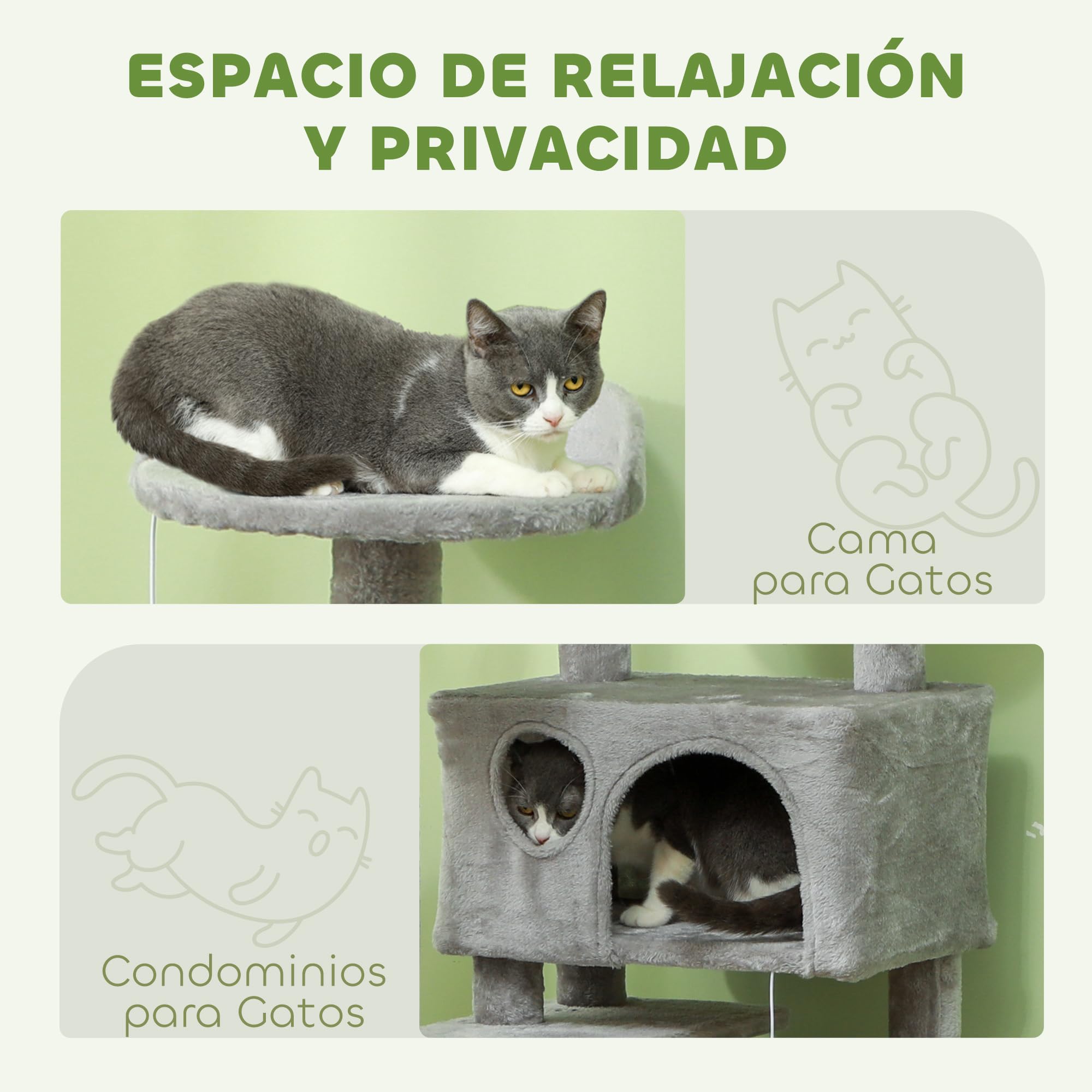 PawHut Rascador para Gatos Altura 138 cm con Postes de Sisal Gris Claro | Árbol para Gatos, Torre de Escalada, Plataformas, Cuevas, Bolas Colgantes, Hamacas