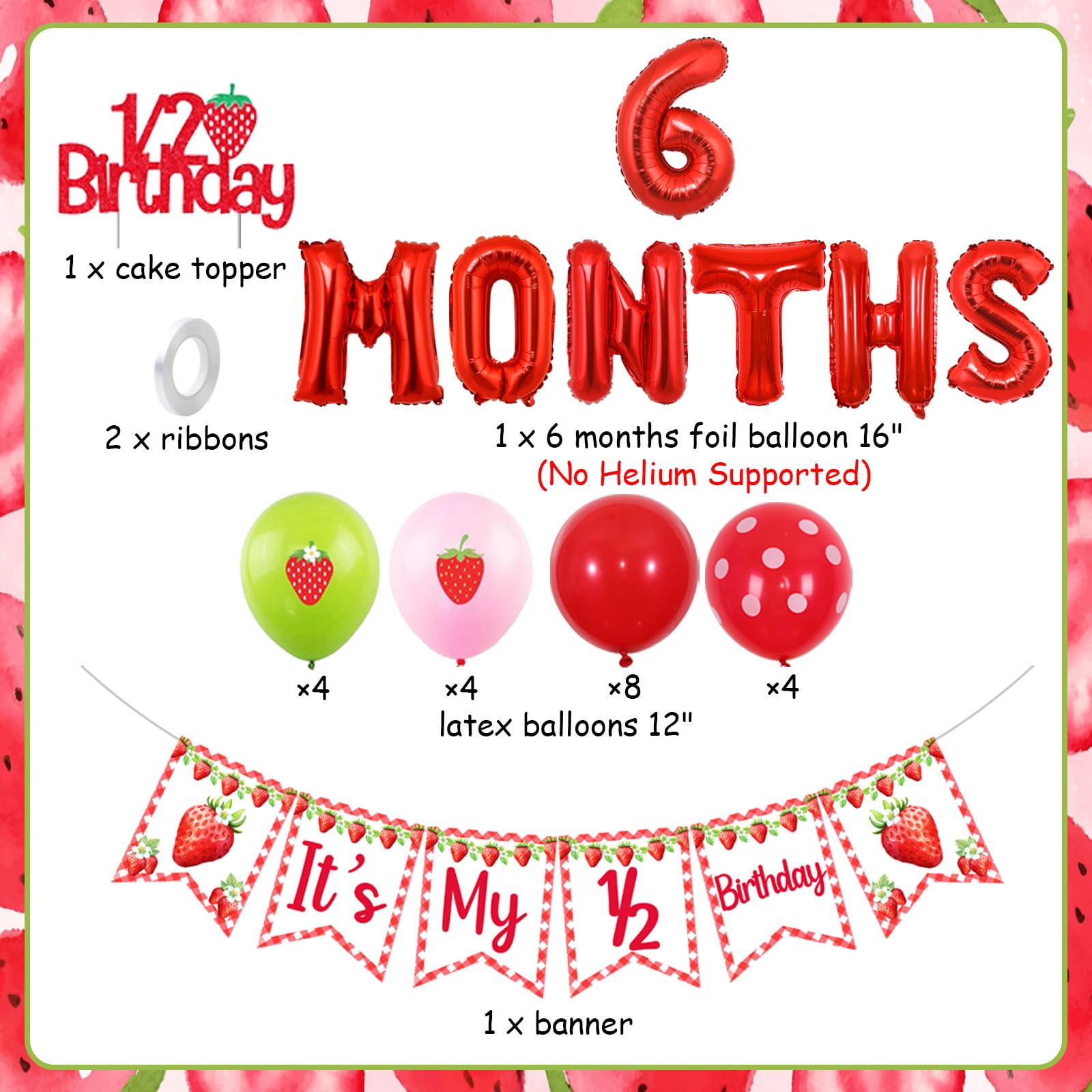 Sursurprise Decorazioni per metà compleanno a forma di fragola, It's My 1/2 Birthday Banner, topper per torte, palloncini per 6 mesi, fragola 1/2