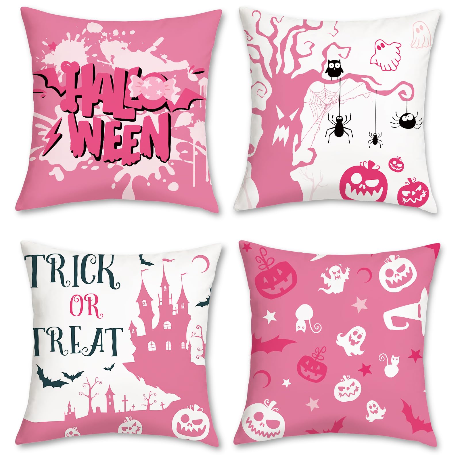 COZZSNUGE Pink Halloween Cushion Covers Pumpkin Ghost Castle Velvety Decorative Pillowcases for Sofa Bed Home Patio 45 x 45 cm Set of 4